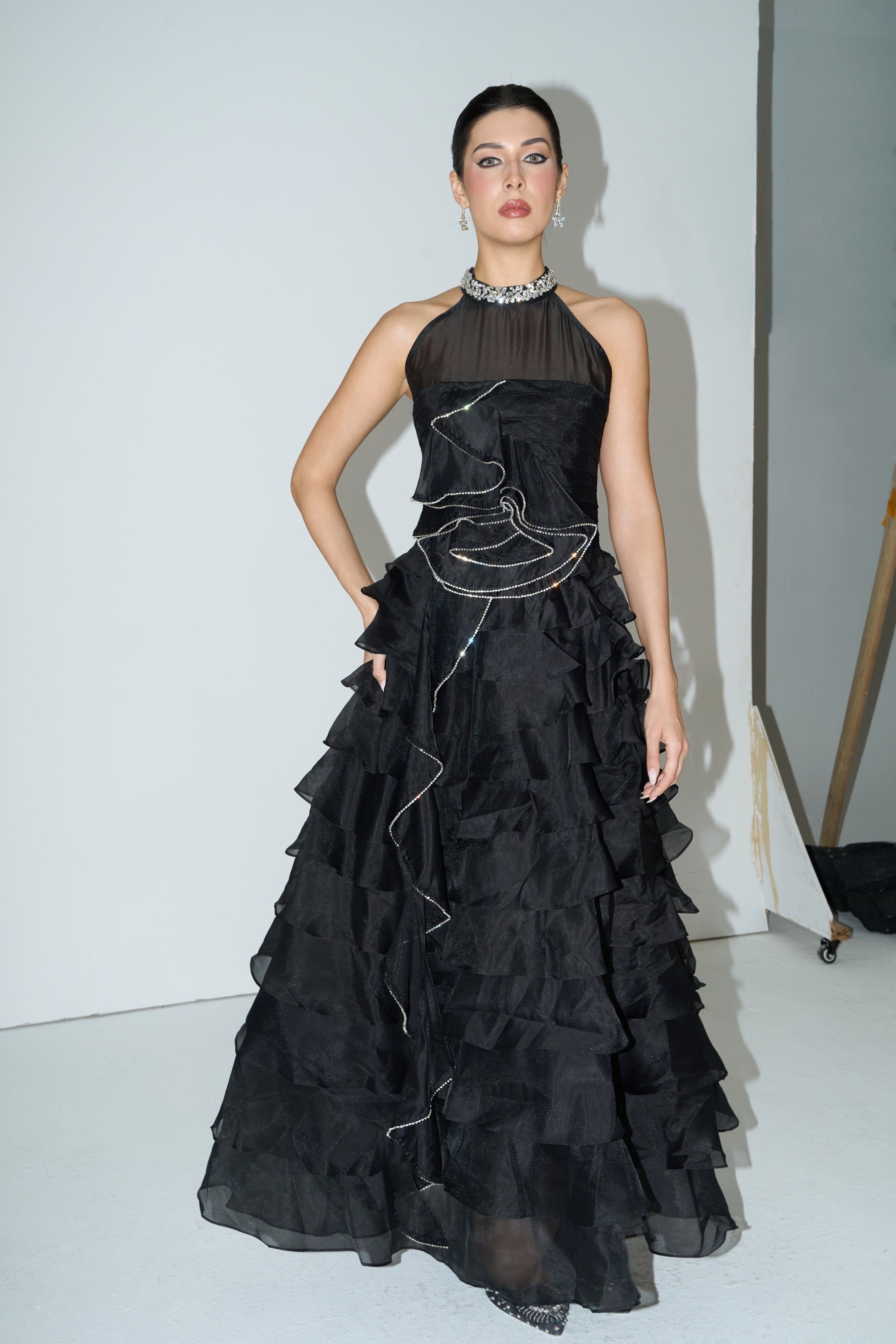 Love You So Black Embellished Tiered Ruffle Maxi Dress