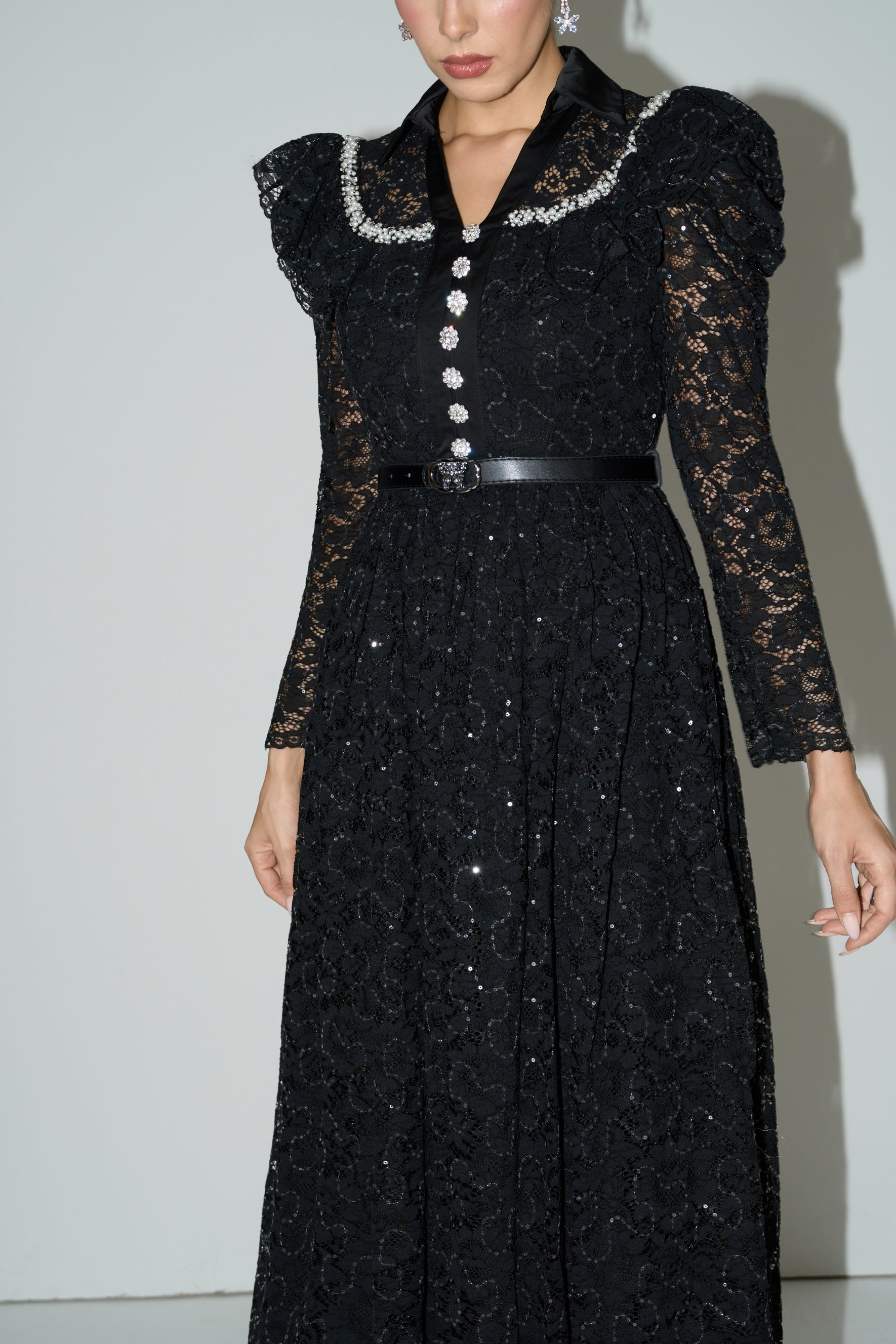 Illustrious Glow Black Sequin Lace Puff Sleeve Maxi Dress