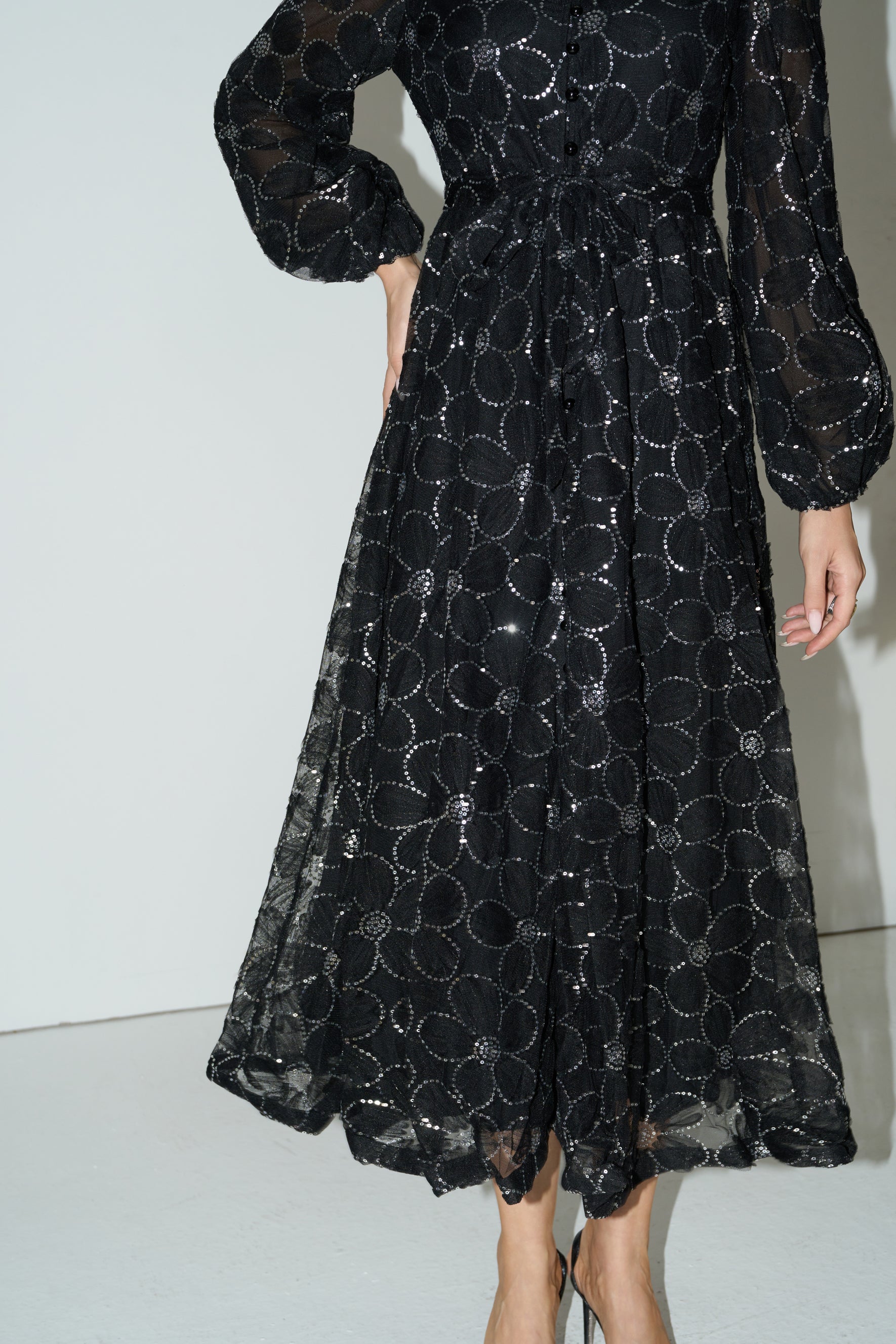 Charming Event Black Sequin Floral Embroidered Maxi Dress