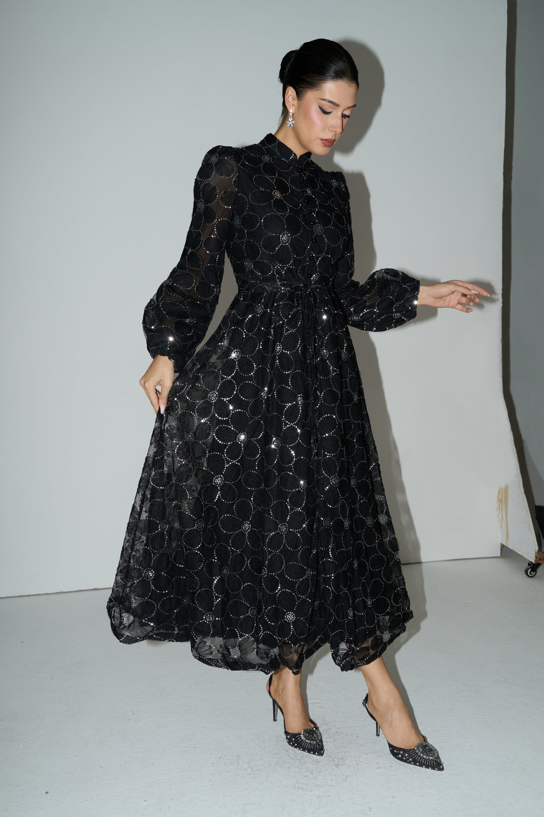 Charming Event Black Sequin Floral Embroidered Maxi Dress