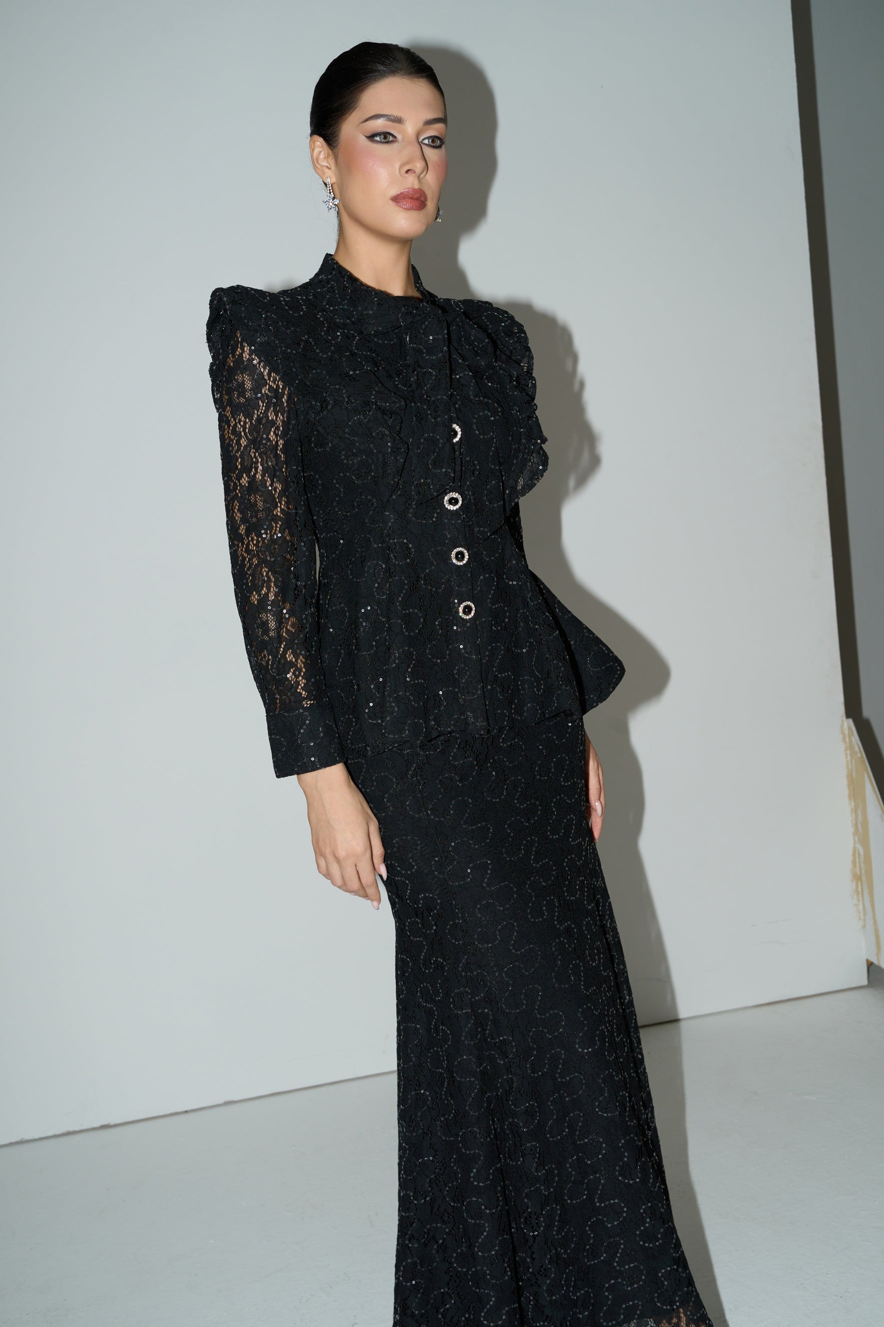 Moment Maker Black Embellished Lace Ruffle Shoulder Top & Skirt Set