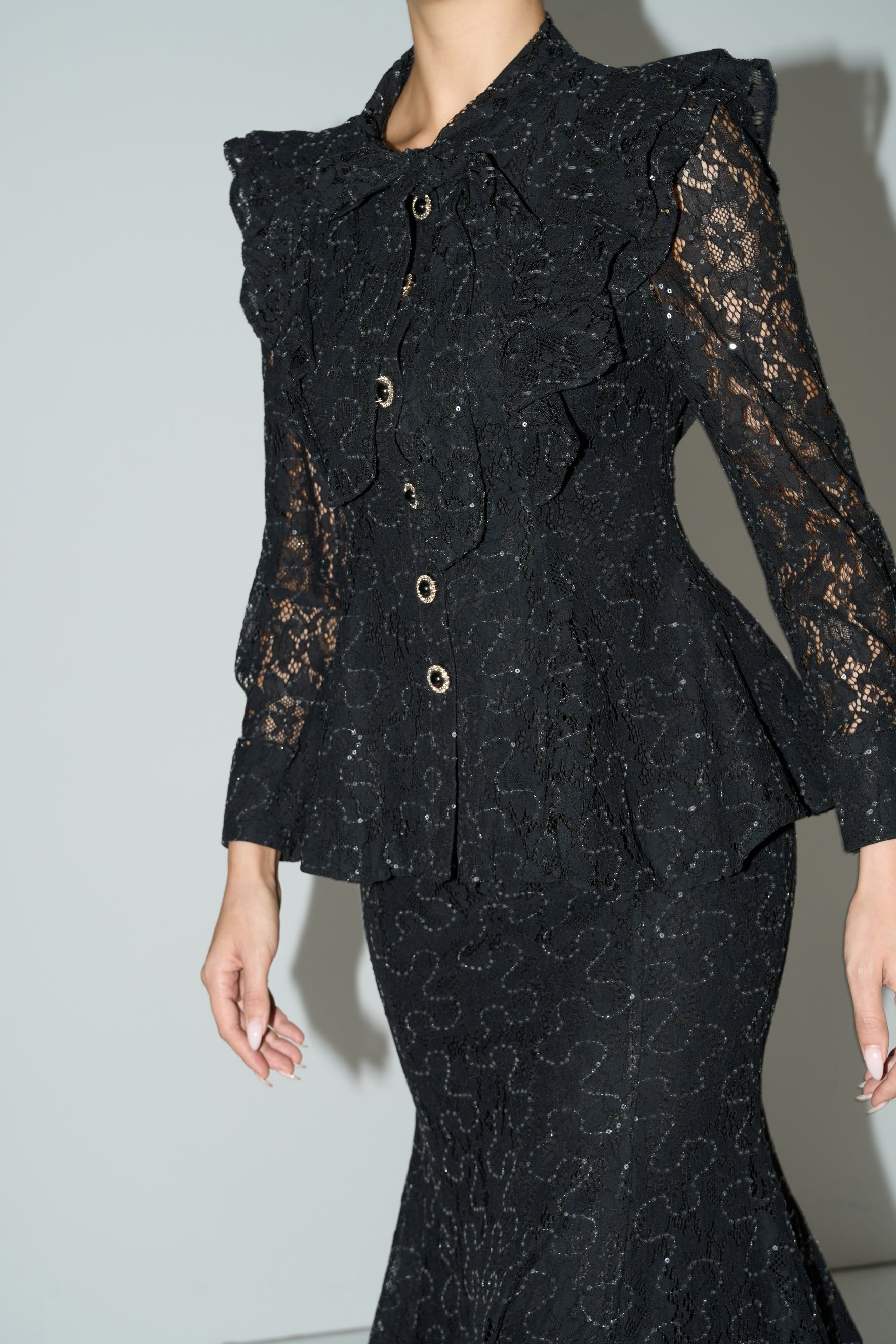 Moment Maker Black Embellished Lace Ruffle Shoulder Top & Skirt Set