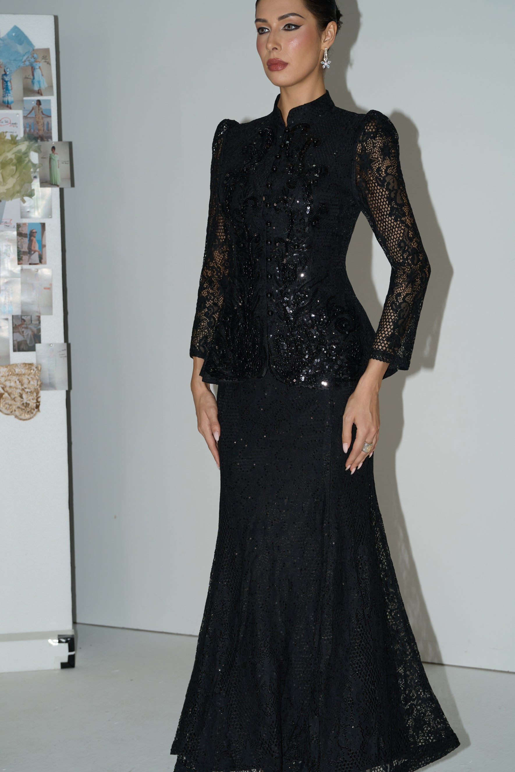 Romance Language Black Floral Embroidered Sequin Jacket & Skirt Set