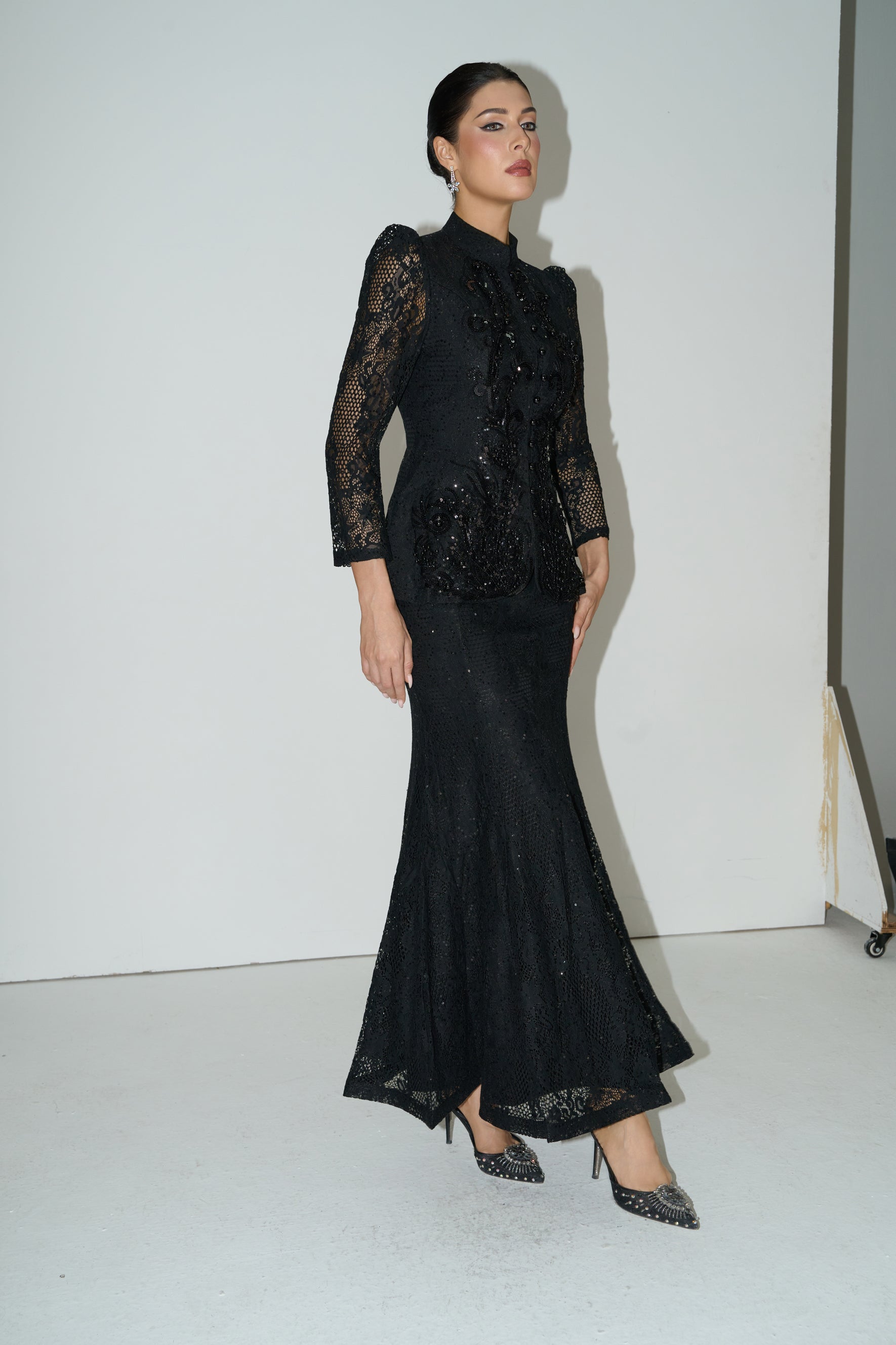 Romance Language Black Floral Embroidered Sequin Jacket & Skirt Set