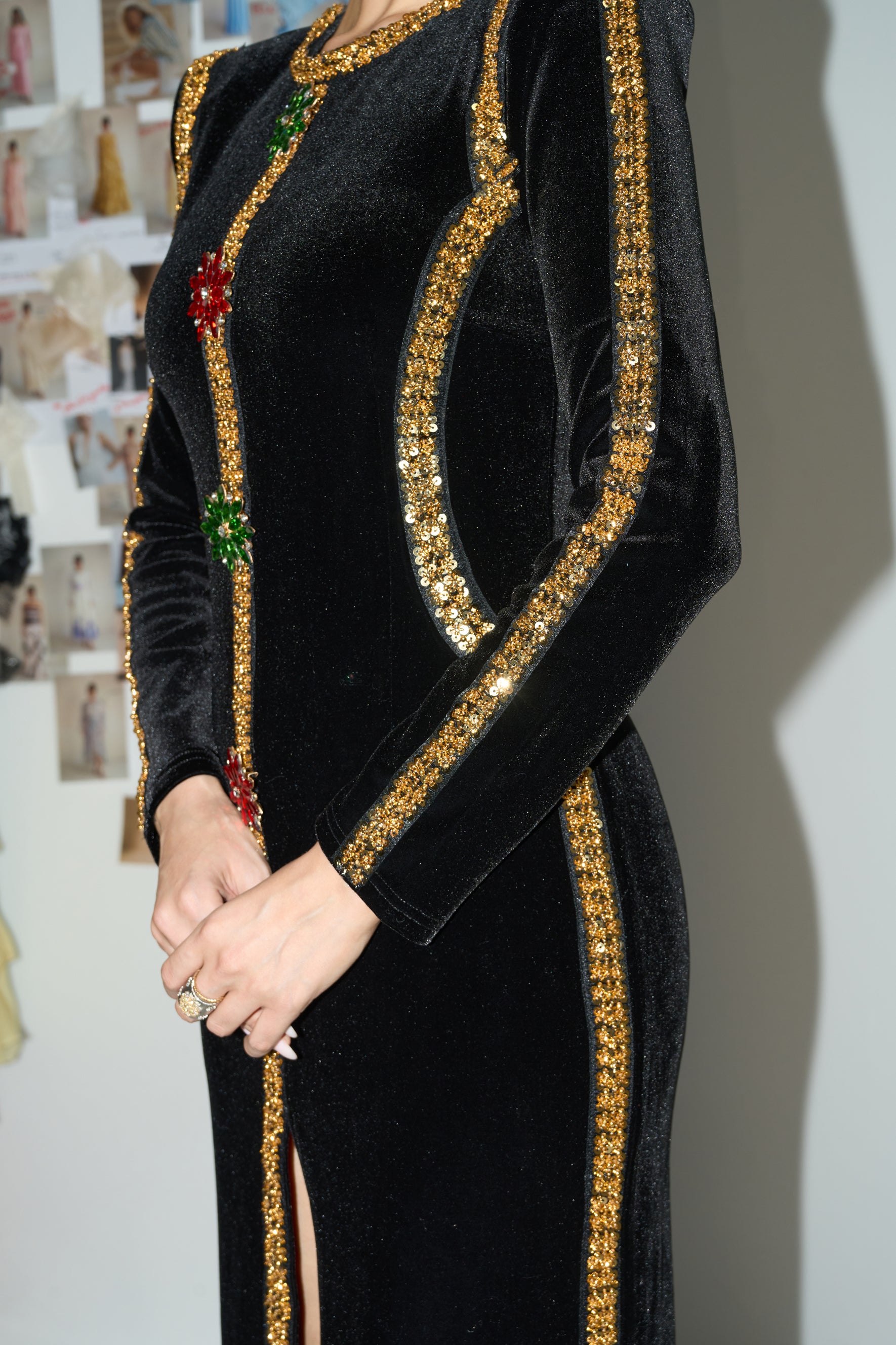 Dramatic Stunner Black Sequin Trim Crystal Brooch Velvet Maxi Dress