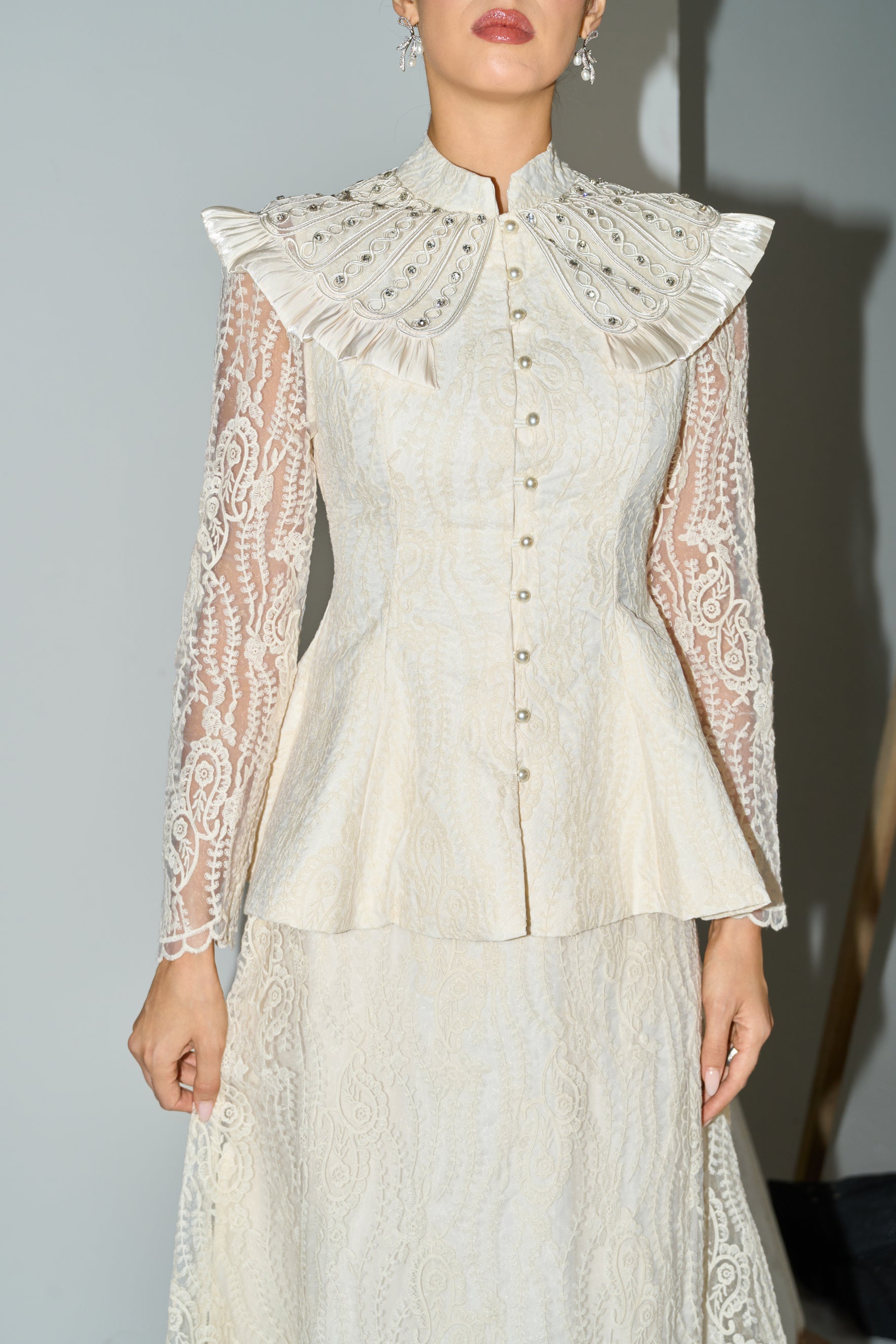 All My Adoration Beige Embroidered Lace Sheer Sleeve Top & Skirt Set