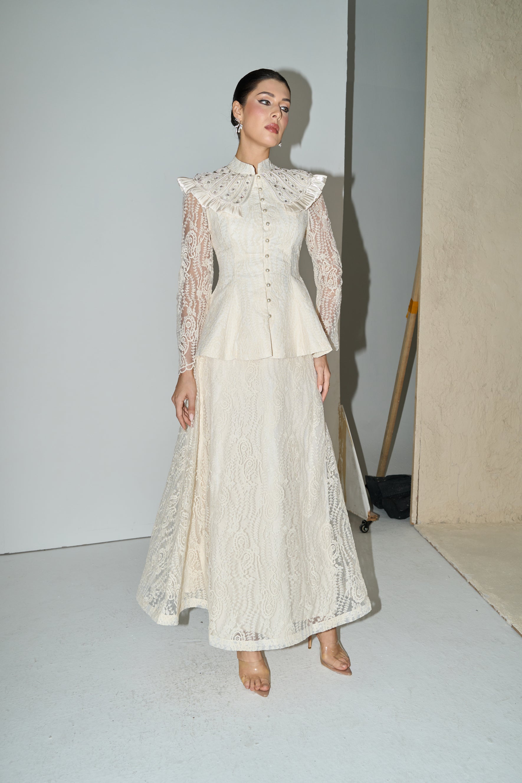 All My Adoration Beige Embroidered Lace Sheer Sleeve Top & Skirt Set