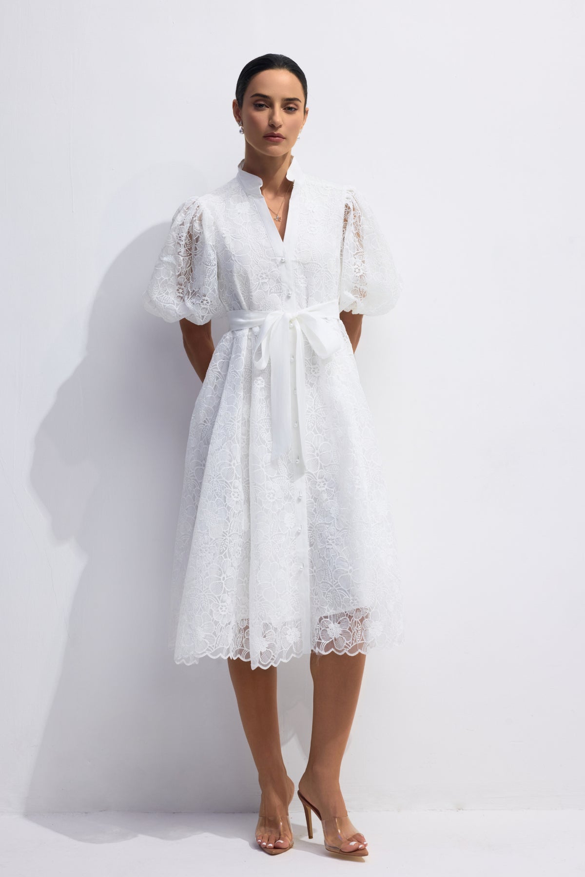 Bertha Floral Embroidered Lace Belted Mini Dress