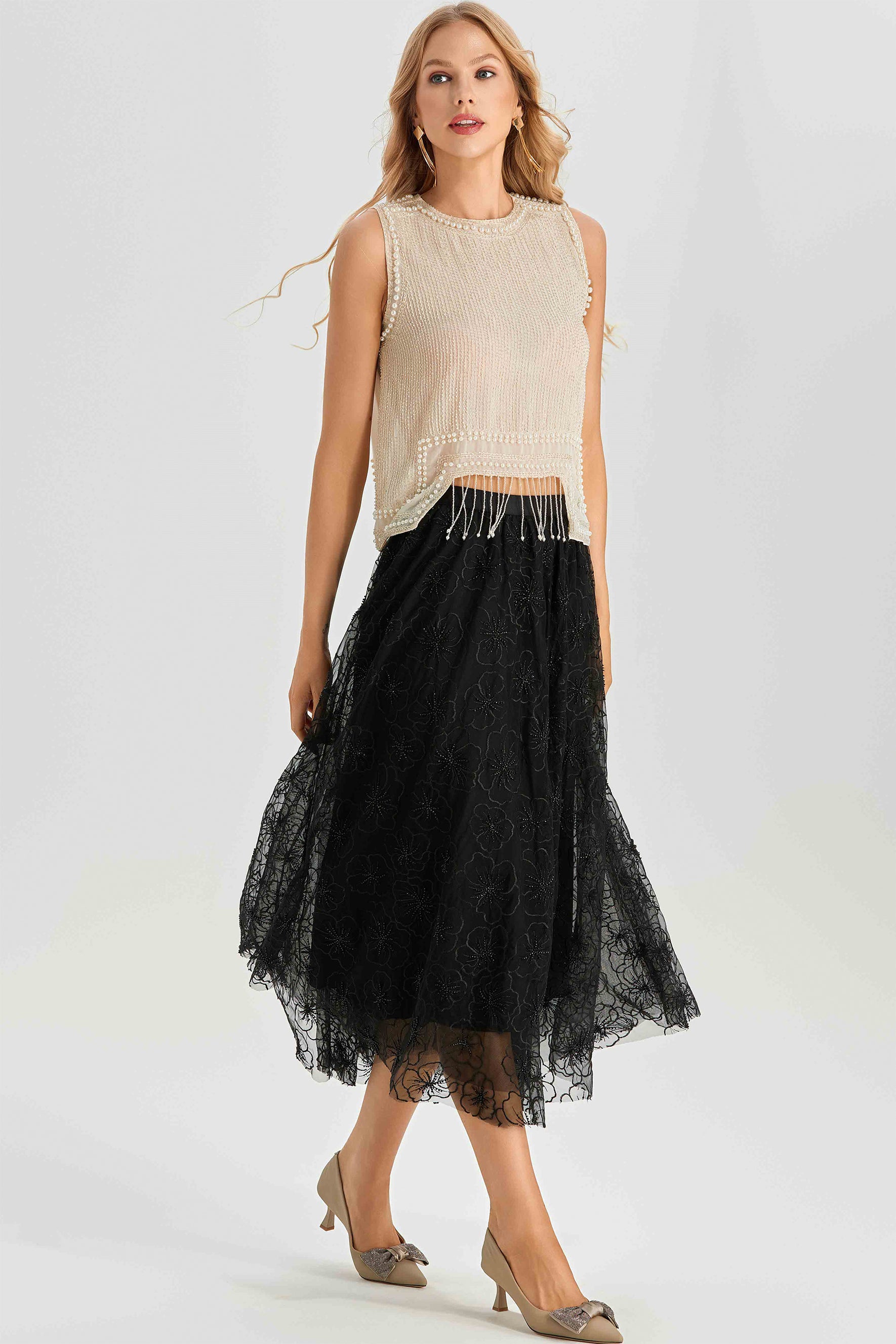 Alina Sleeveless Pearl Trim Fringe Top