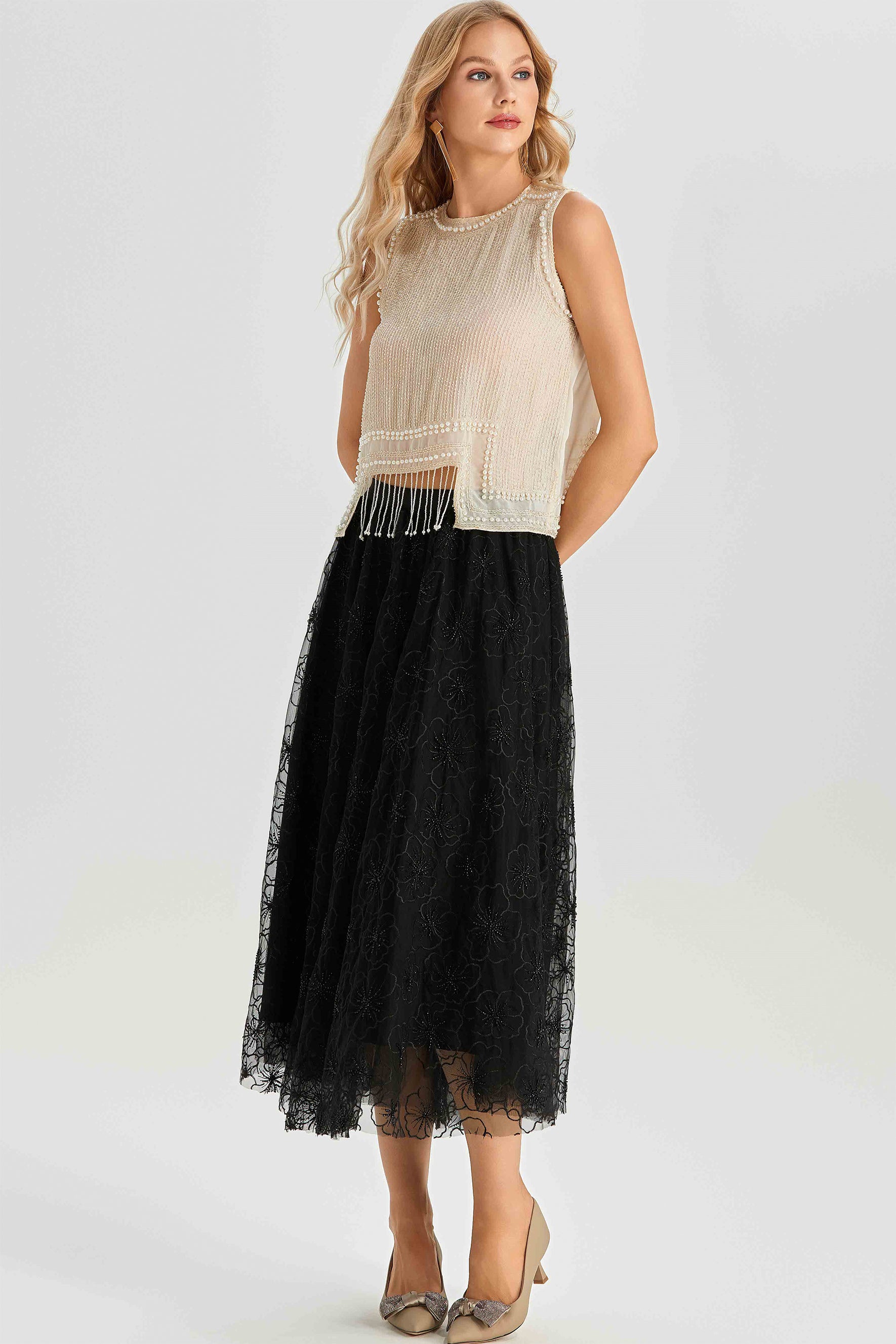 Alina Sleeveless Pearl Trim Fringe Top