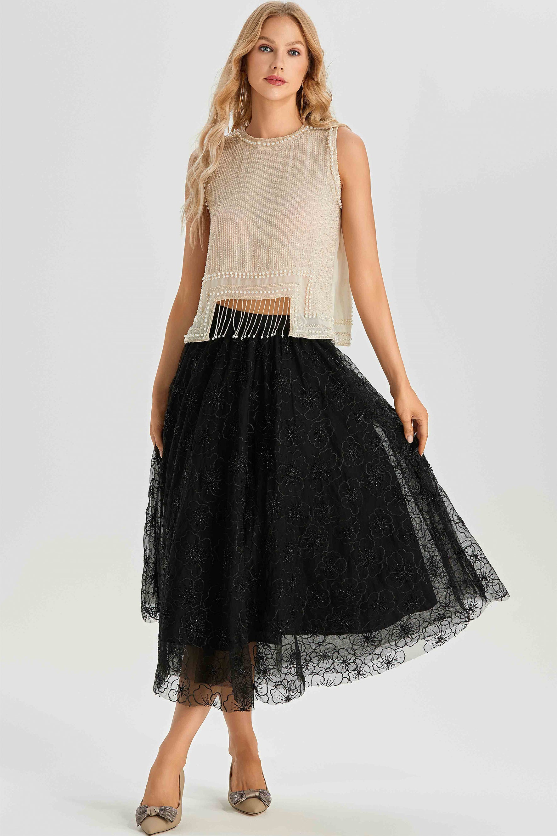 Alina Sleeveless Pearl Trim Fringe Top