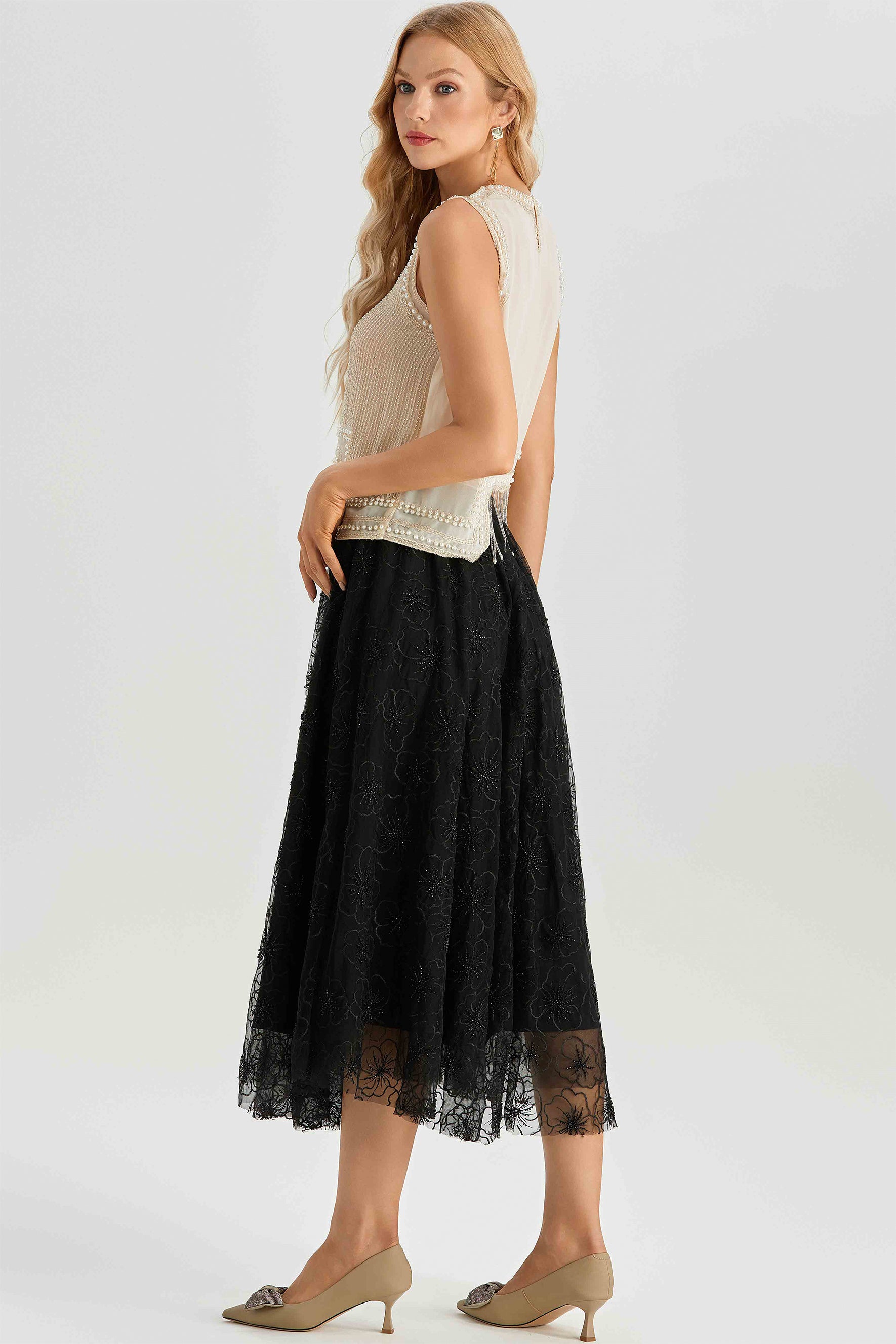 Alina Sleeveless Pearl Trim Fringe Top