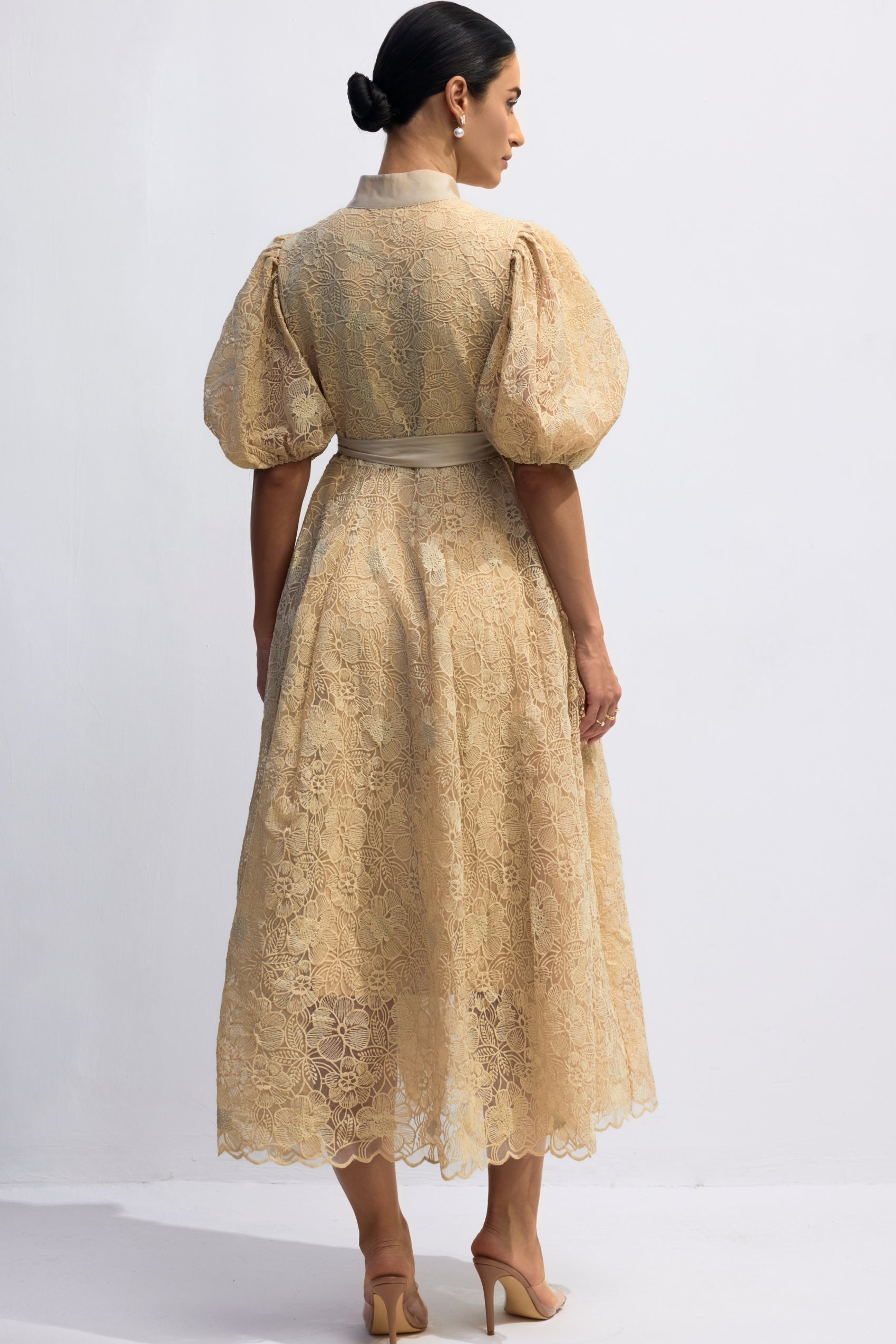 Diana Floral Embroidered Lace Belted Midi Dress