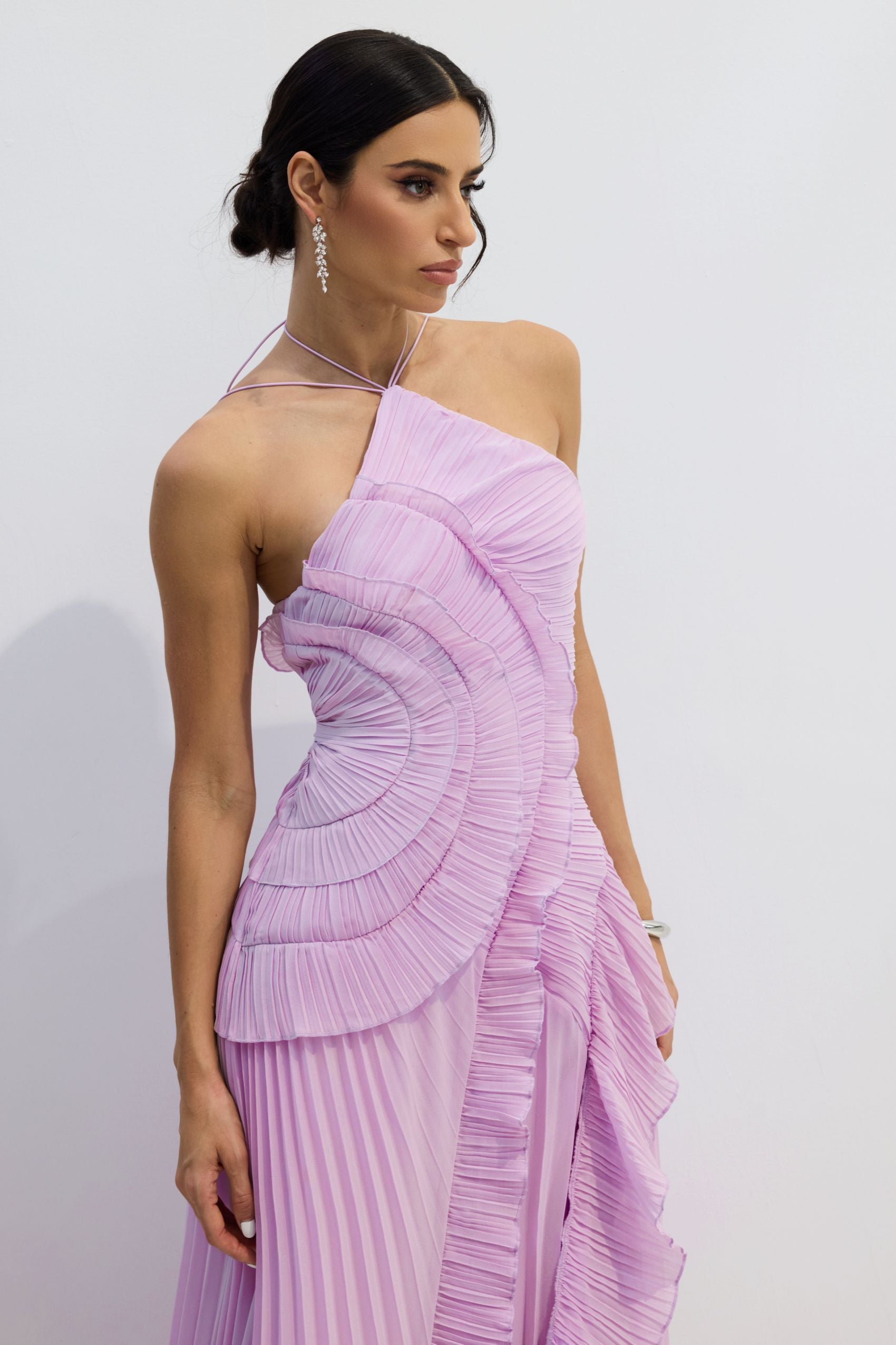 Nina Asymmetry Pleated Halterneck Midi Dress