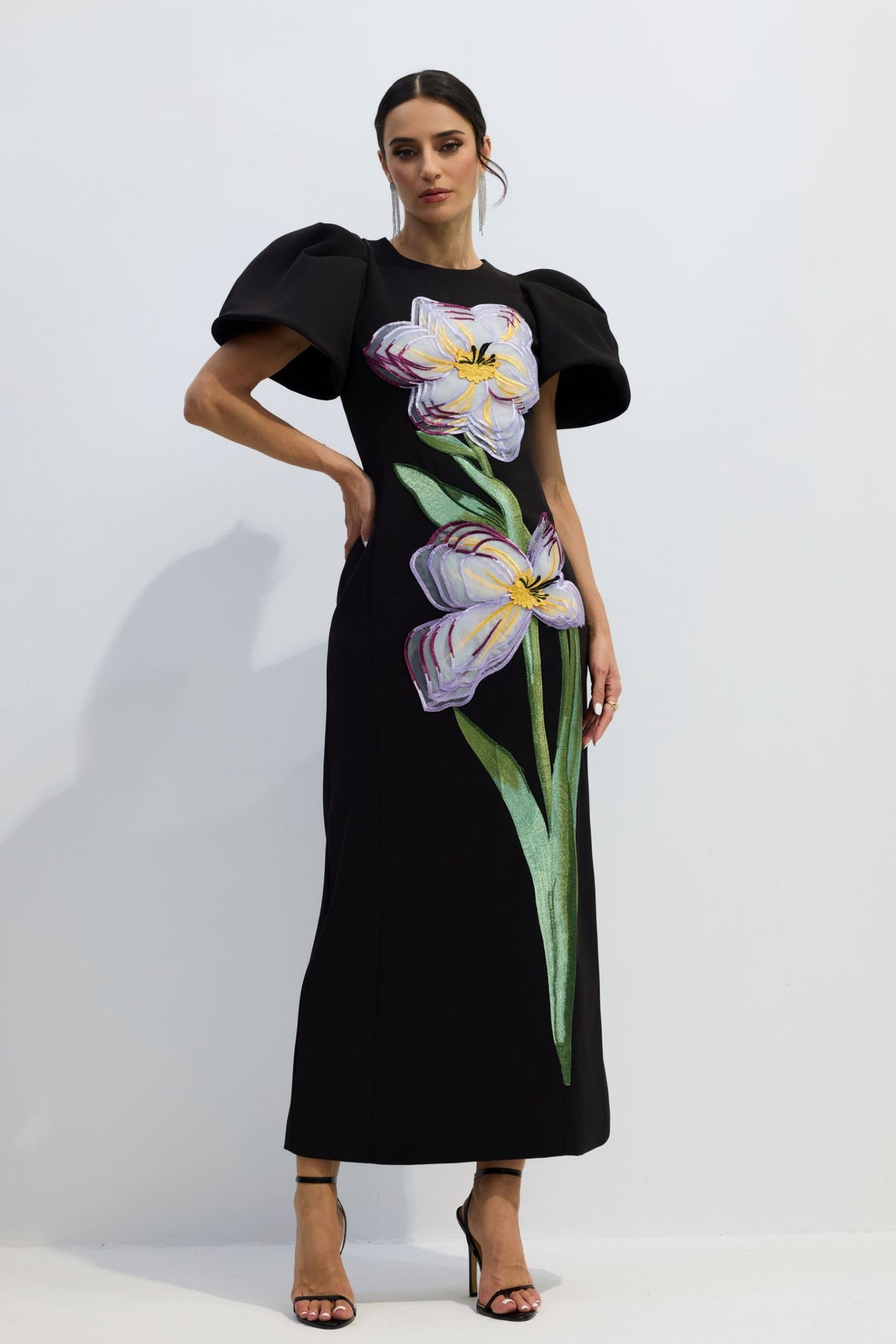Georgia Floral Embroidery Puff Sleeve Maxi Dress