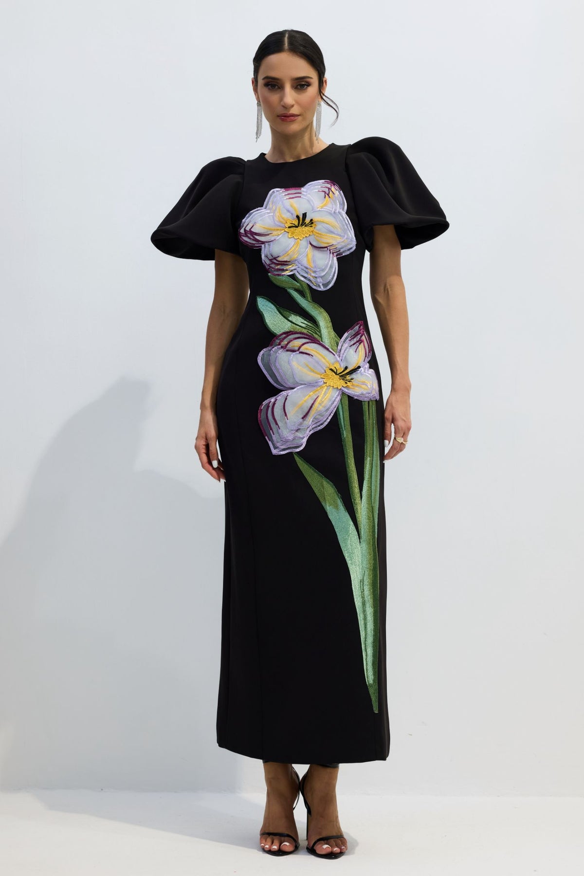 Georgia Floral Embroidery Puff Sleeve Maxi Dress