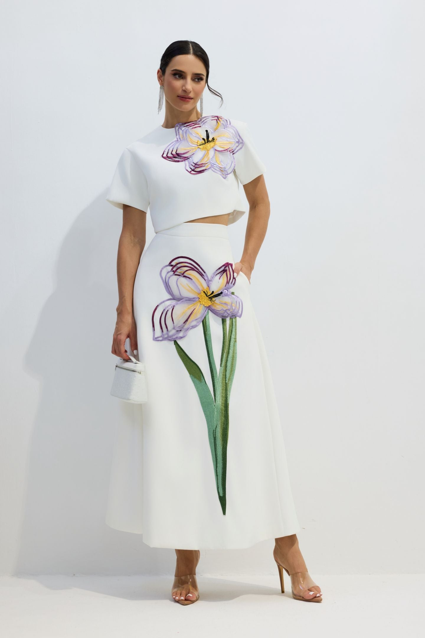 Angelica Floral Applique Short Sleeve Top & Skirt Set