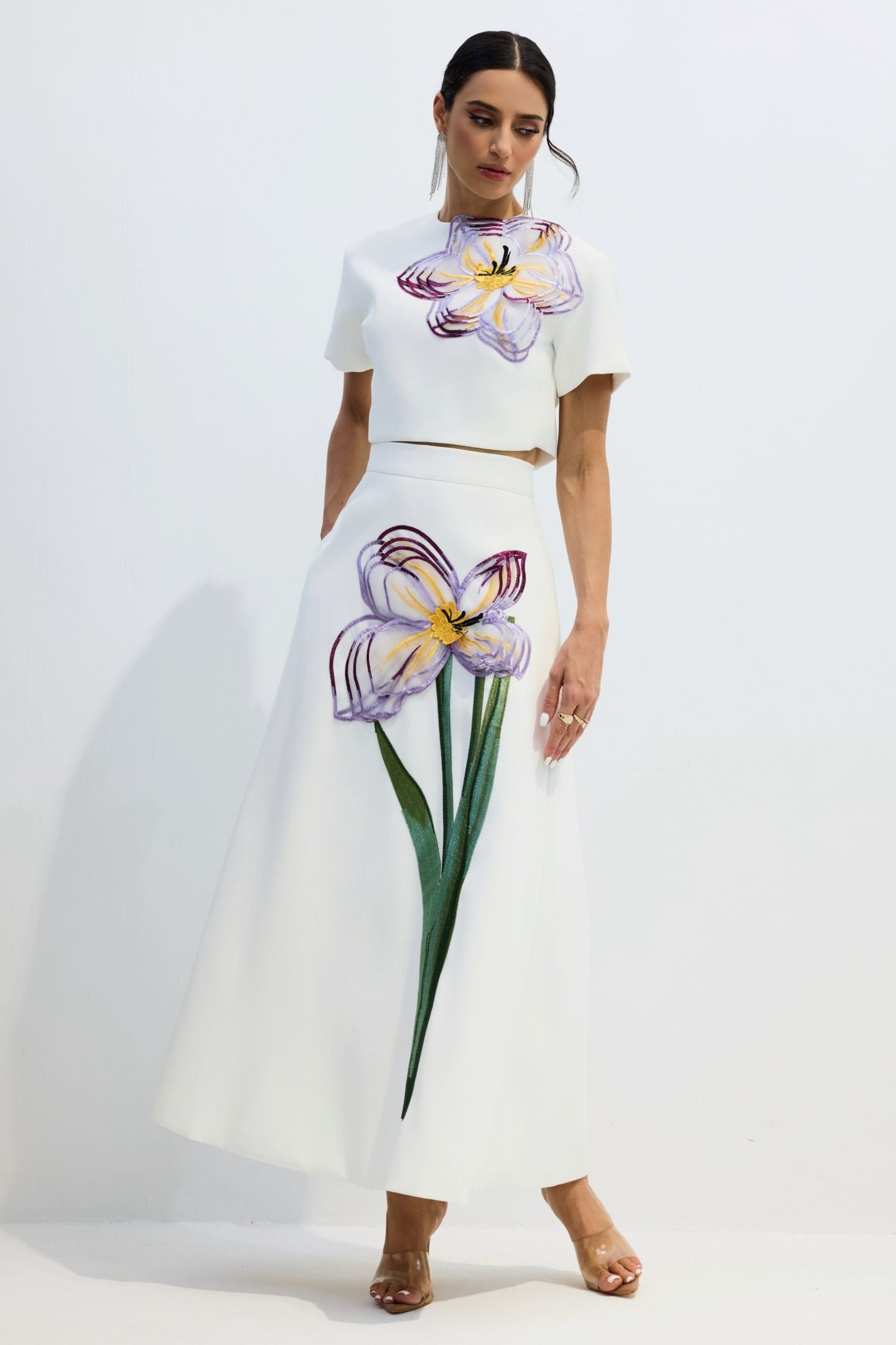 Angelica Floral Applique Short Sleeve Top & Skirt Set