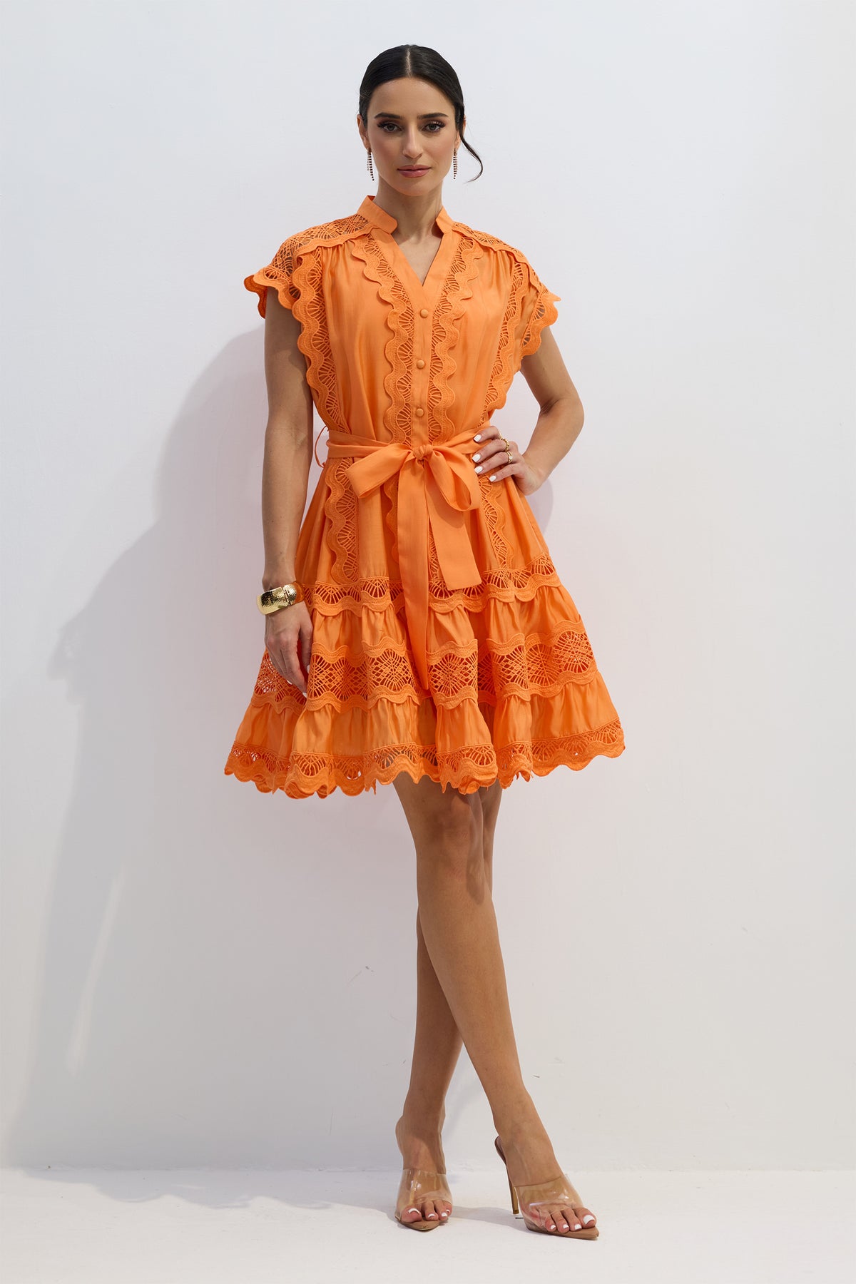 Livia Embroidered Lace Tiered Mini Dress