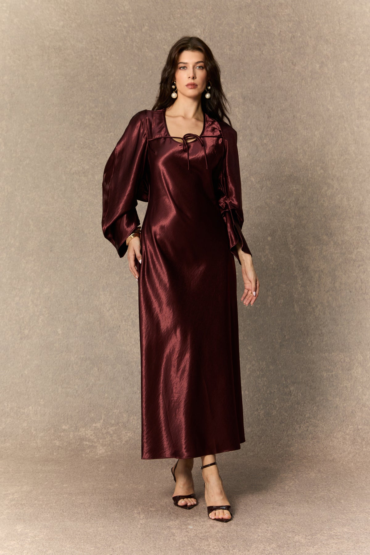 Dreaming Of Elegance Burgundy Cape & Satin Maxi Dress