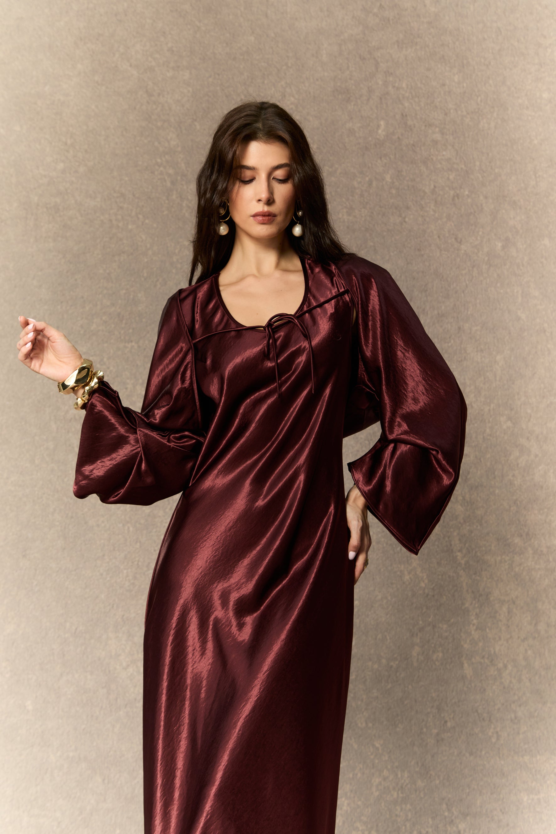 Dreaming Of Elegance Burgundy Cape & Satin Maxi Dress