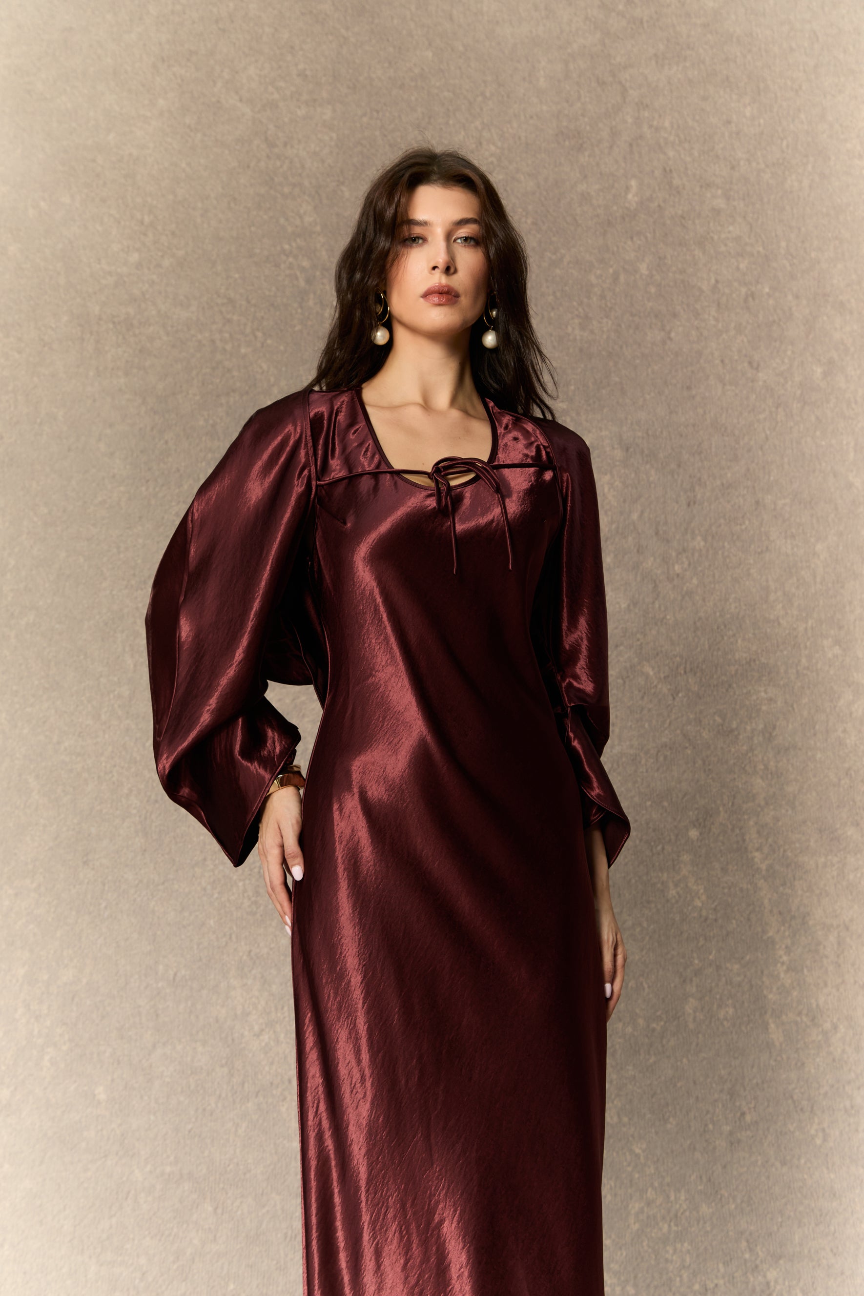 Dreaming Of Elegance Burgundy Cape & Satin Maxi Dress