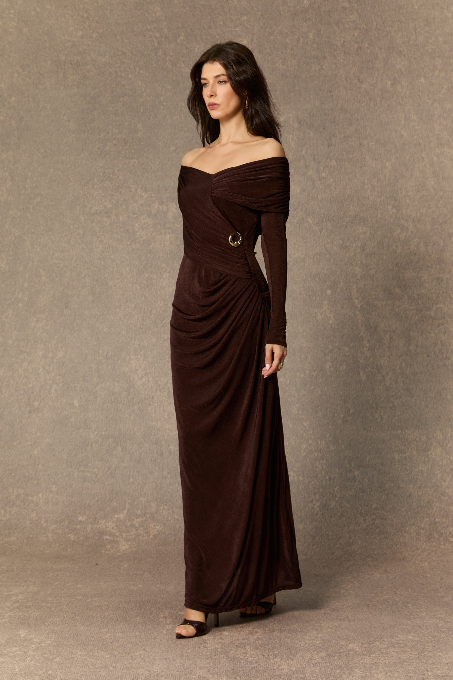Always Remarkable Brown Off Shoulder Gathered Maxi Dress