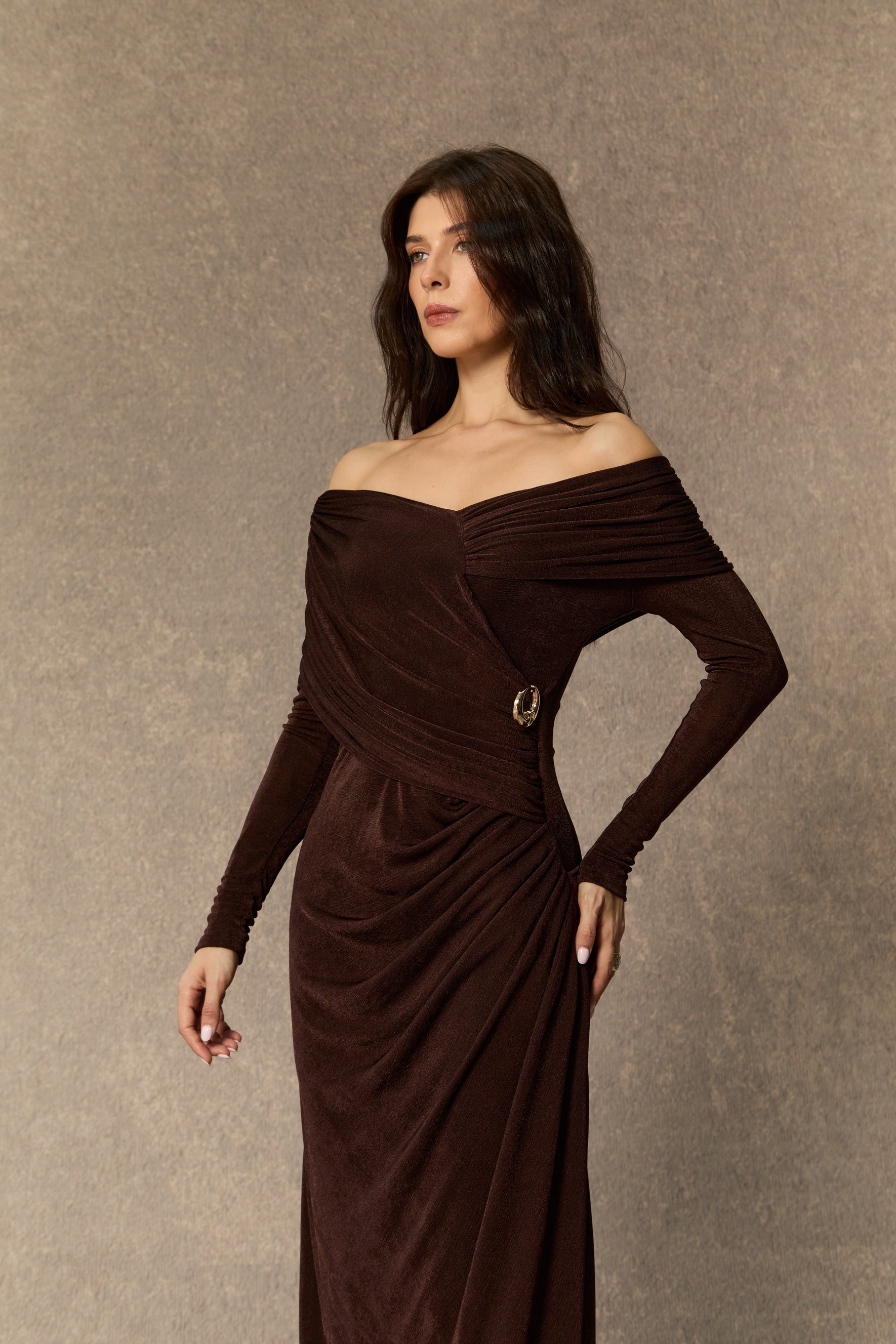 Always Remarkable Brown Off Shoulder Gathered Maxi Dress