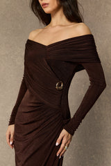 Always Remarkable Brown Off Shoulder Gathered Maxi Dress