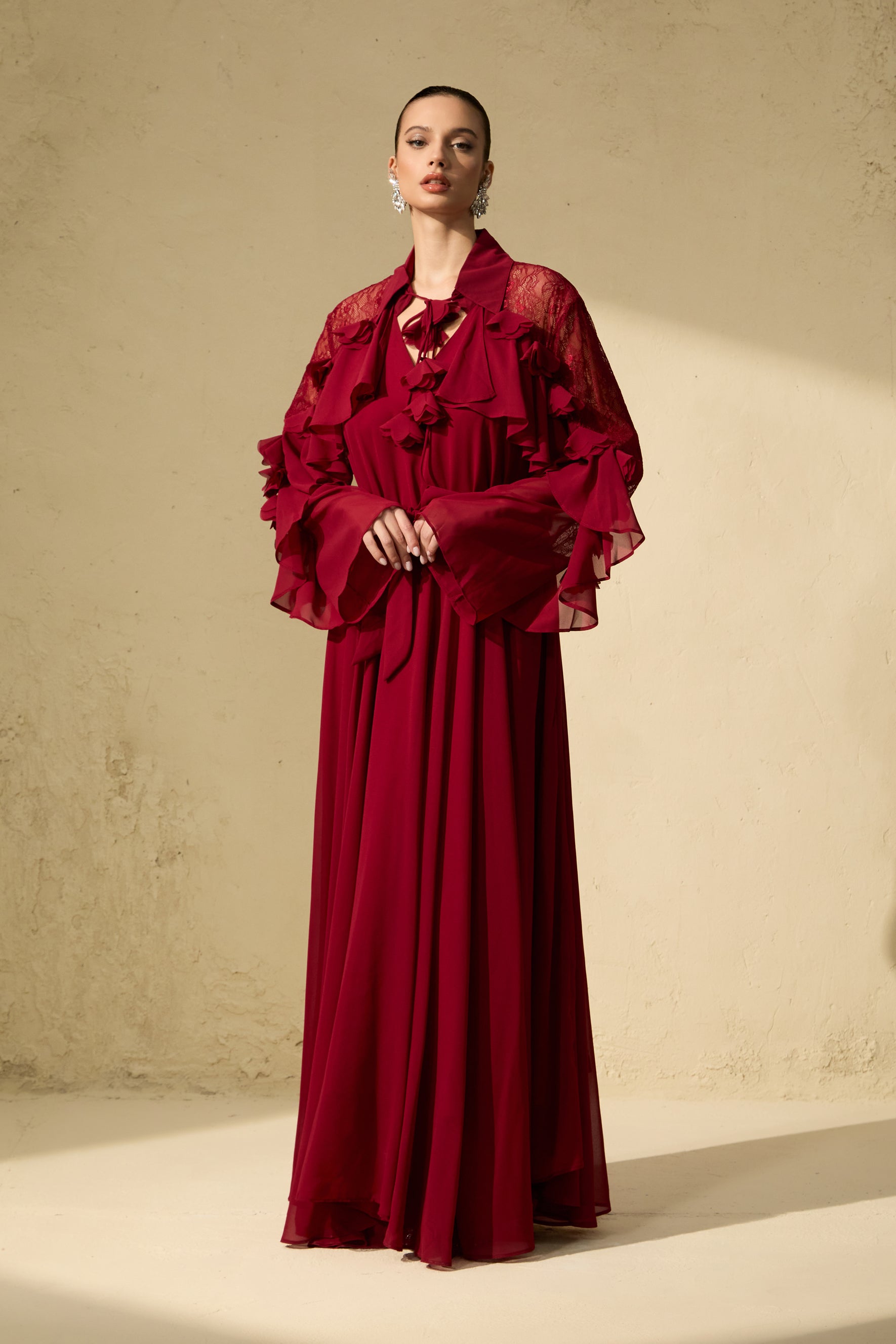 Beautiful Aura Sheer Lace Ruffled Sleeve Maxi Dress