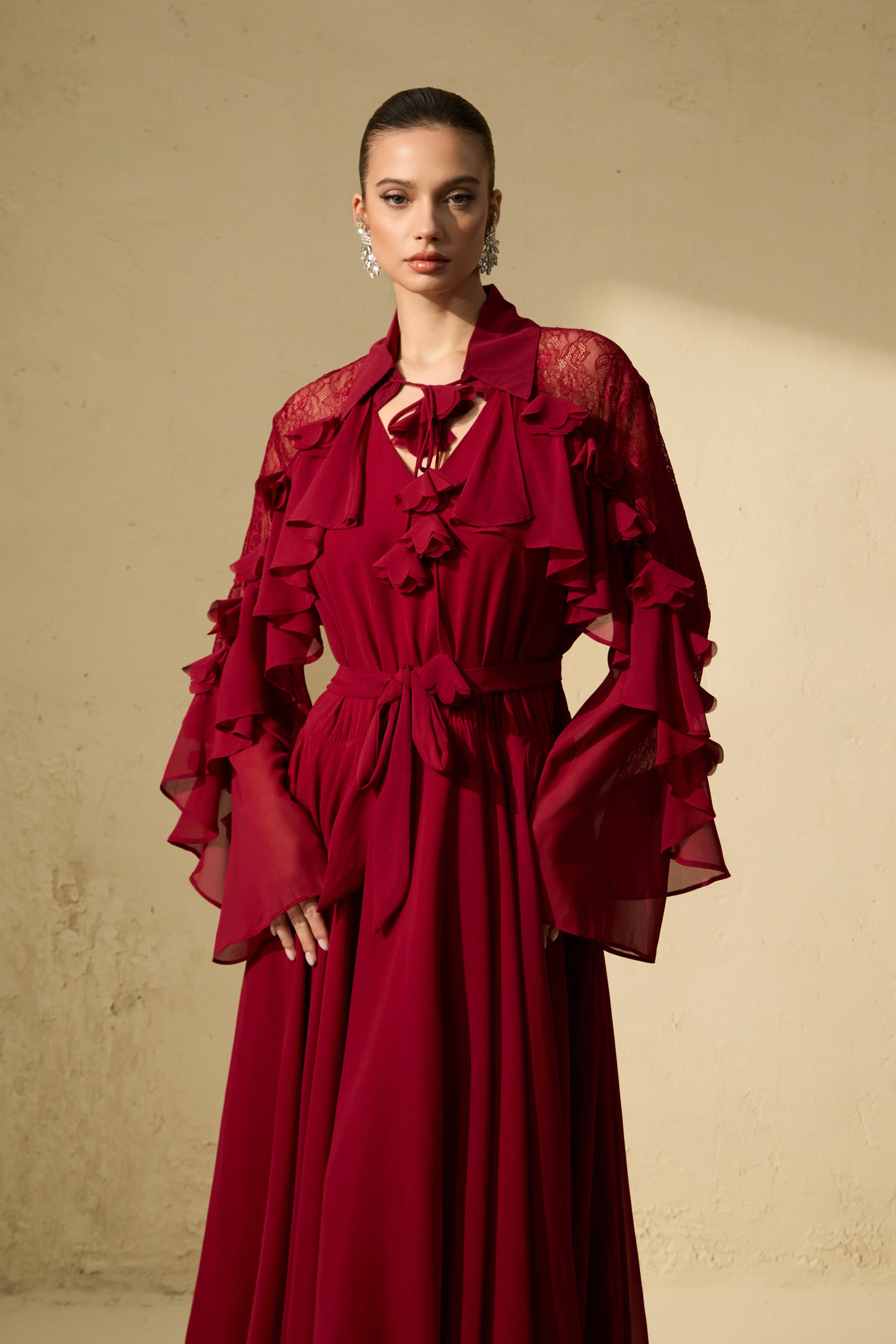 Beautiful Aura Sheer Lace Ruffled Sleeve Maxi Dress