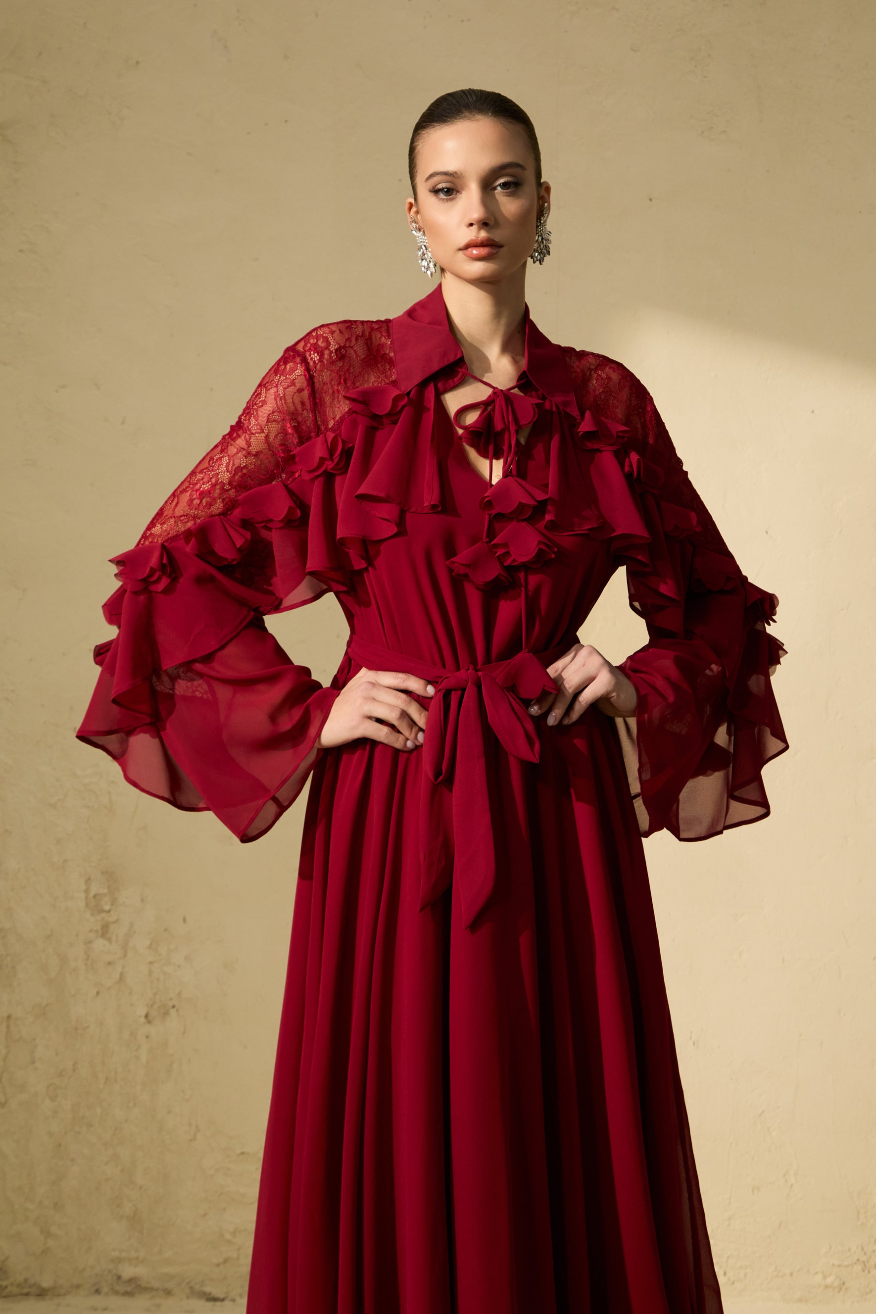 Beautiful Aura Sheer Lace Ruffled Sleeve Maxi Dress