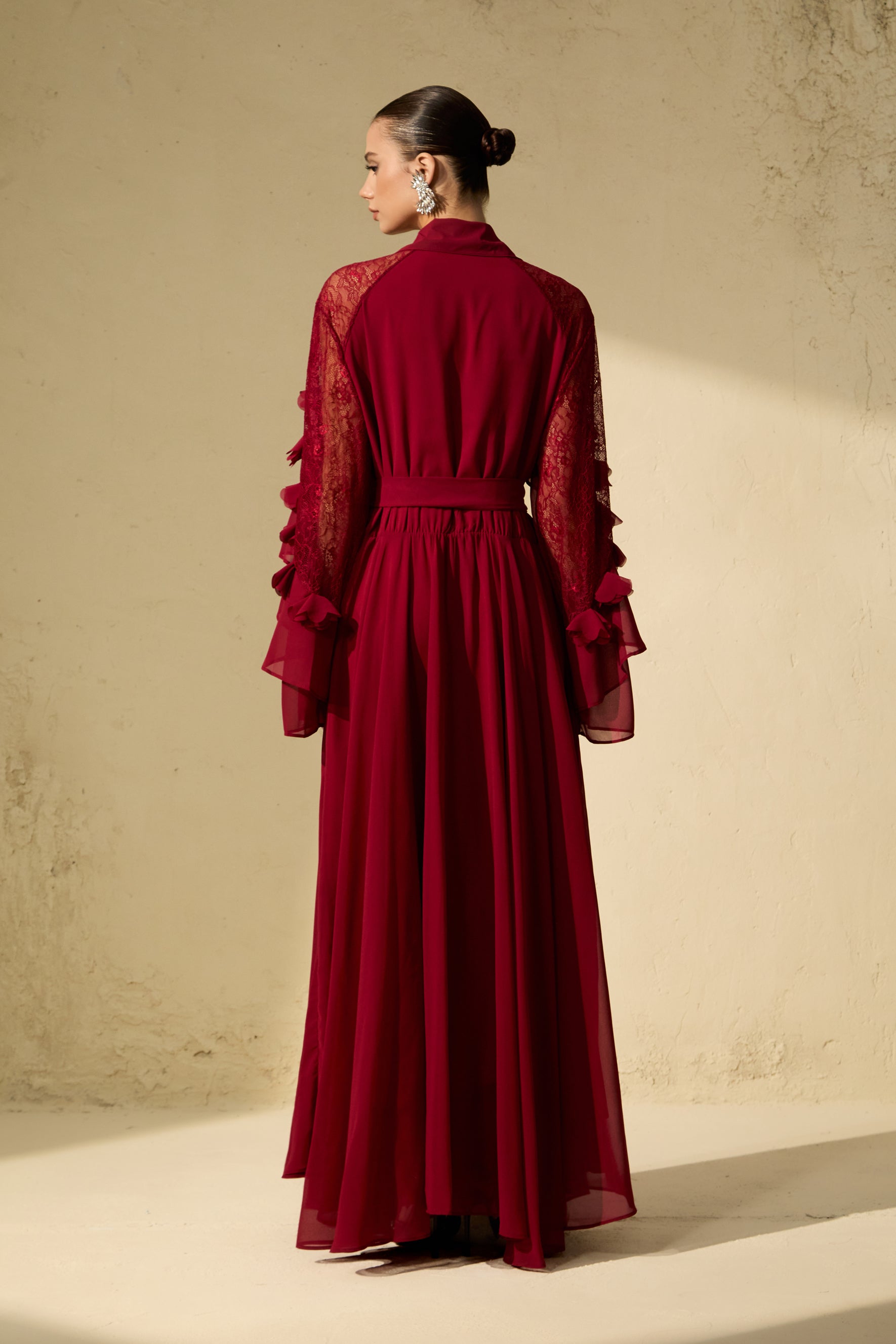 Beautiful Aura Sheer Lace Ruffled Sleeve Maxi Dress