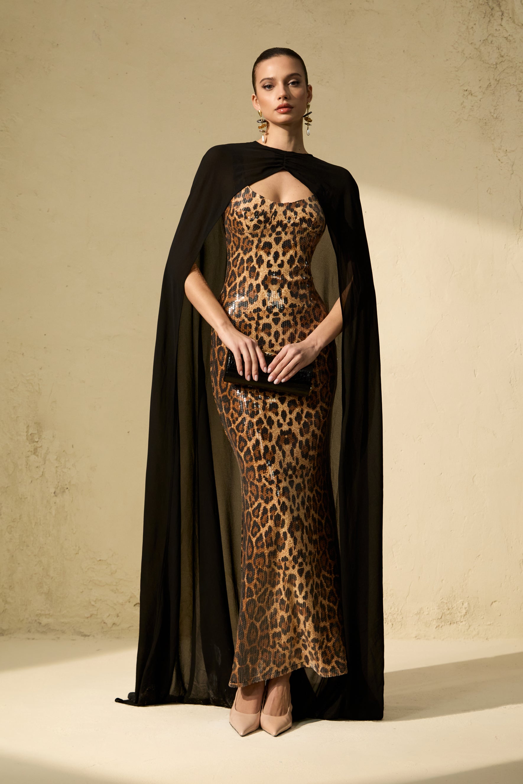 Wild Charm Multi Leopard Print Sequin Maxi Dress & Cape Set