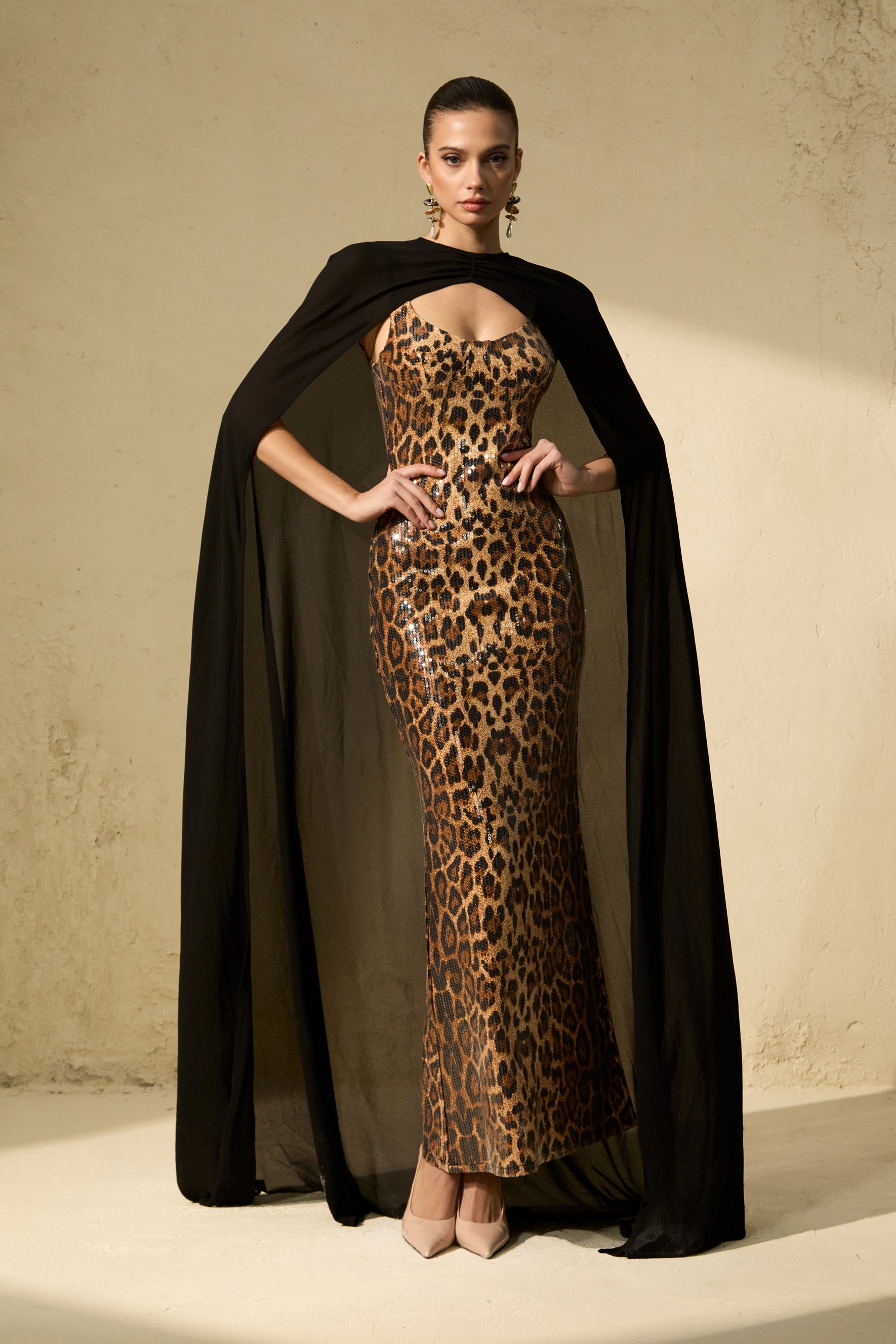 Wild Charm Multi Leopard Print Sequin Maxi Dress & Cape Set