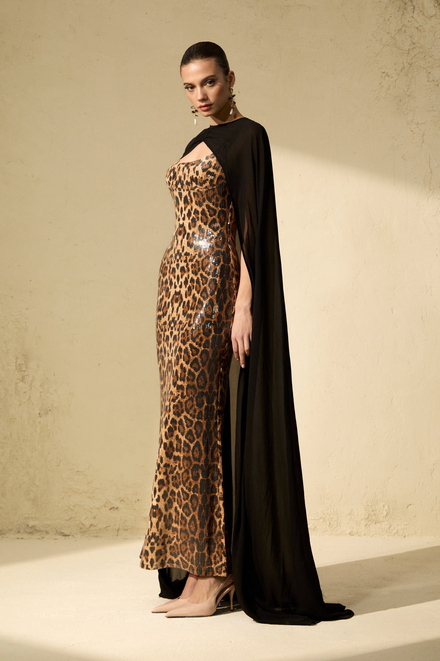 Wild Charm Multi Leopard Print Sequin Maxi Dress & Cape Set