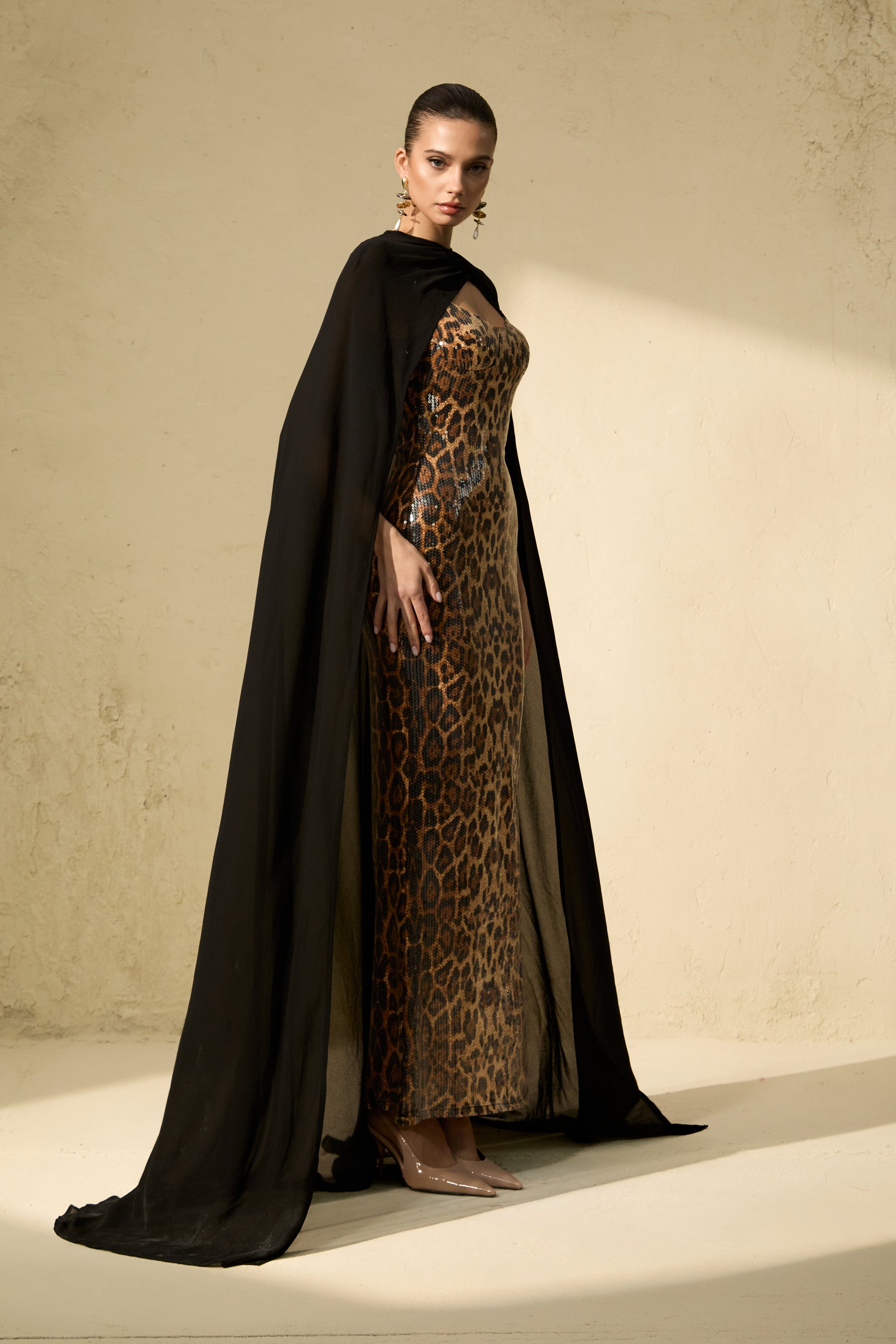 Wild Charm Multi Leopard Print Sequin Maxi Dress & Cape Set
