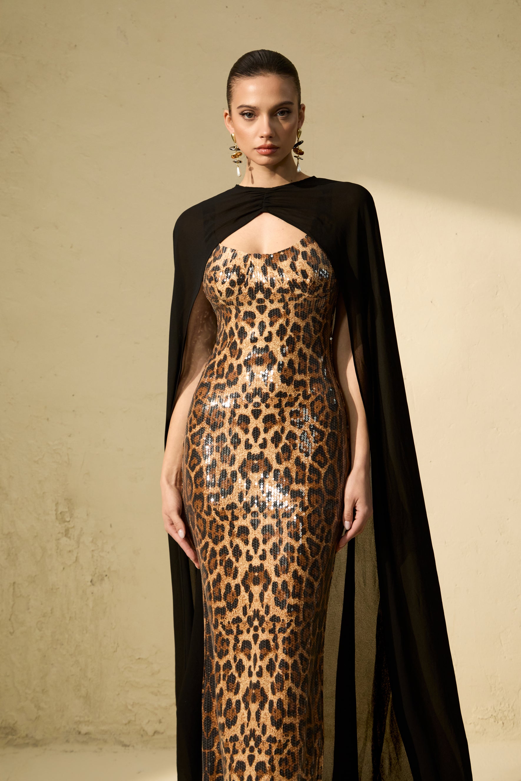 Wild Charm Multi Leopard Print Sequin Maxi Dress & Cape Set