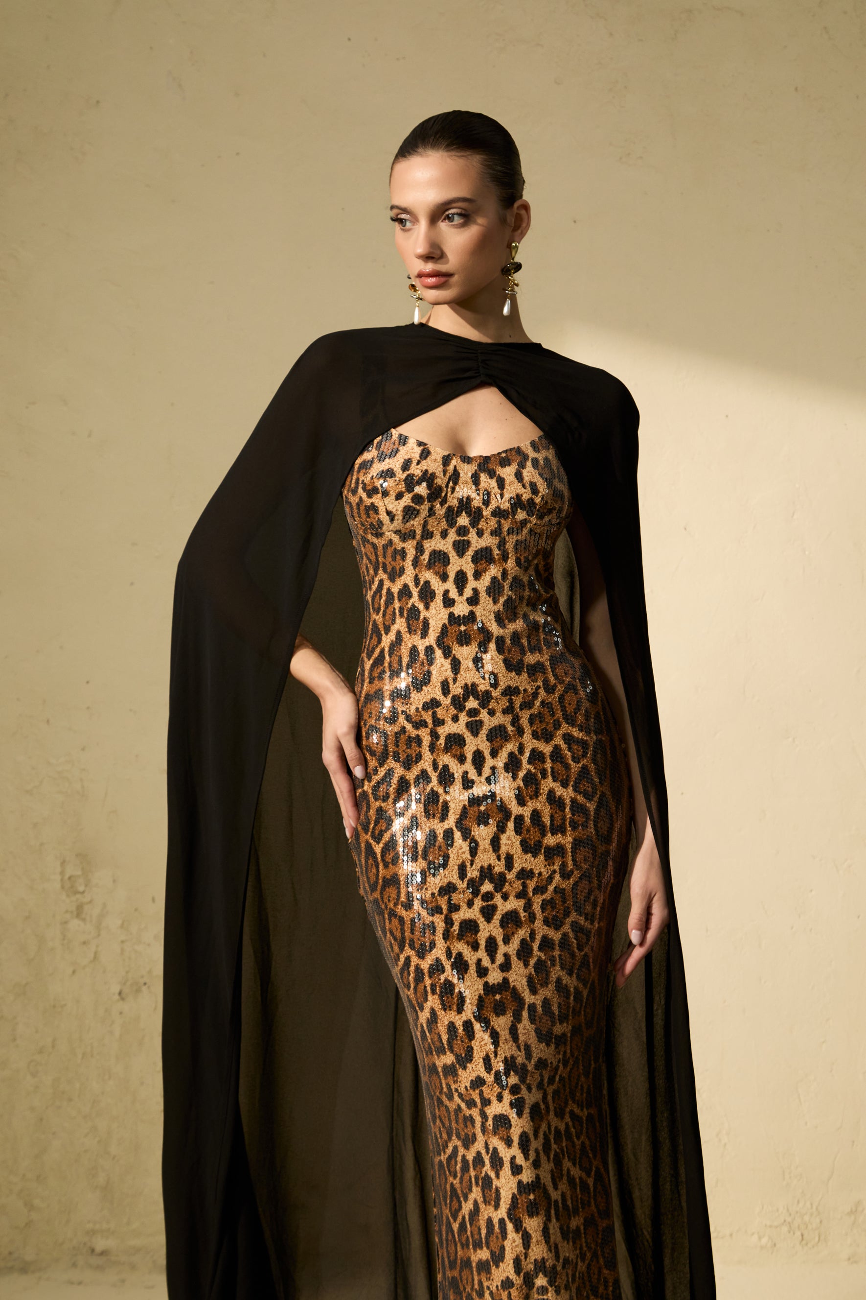 Wild Charm Multi Leopard Print Sequin Maxi Dress & Cape Set