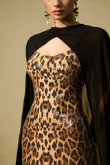 Wild Charm Multi Leopard Print Sequin Maxi Dress & Cape Set