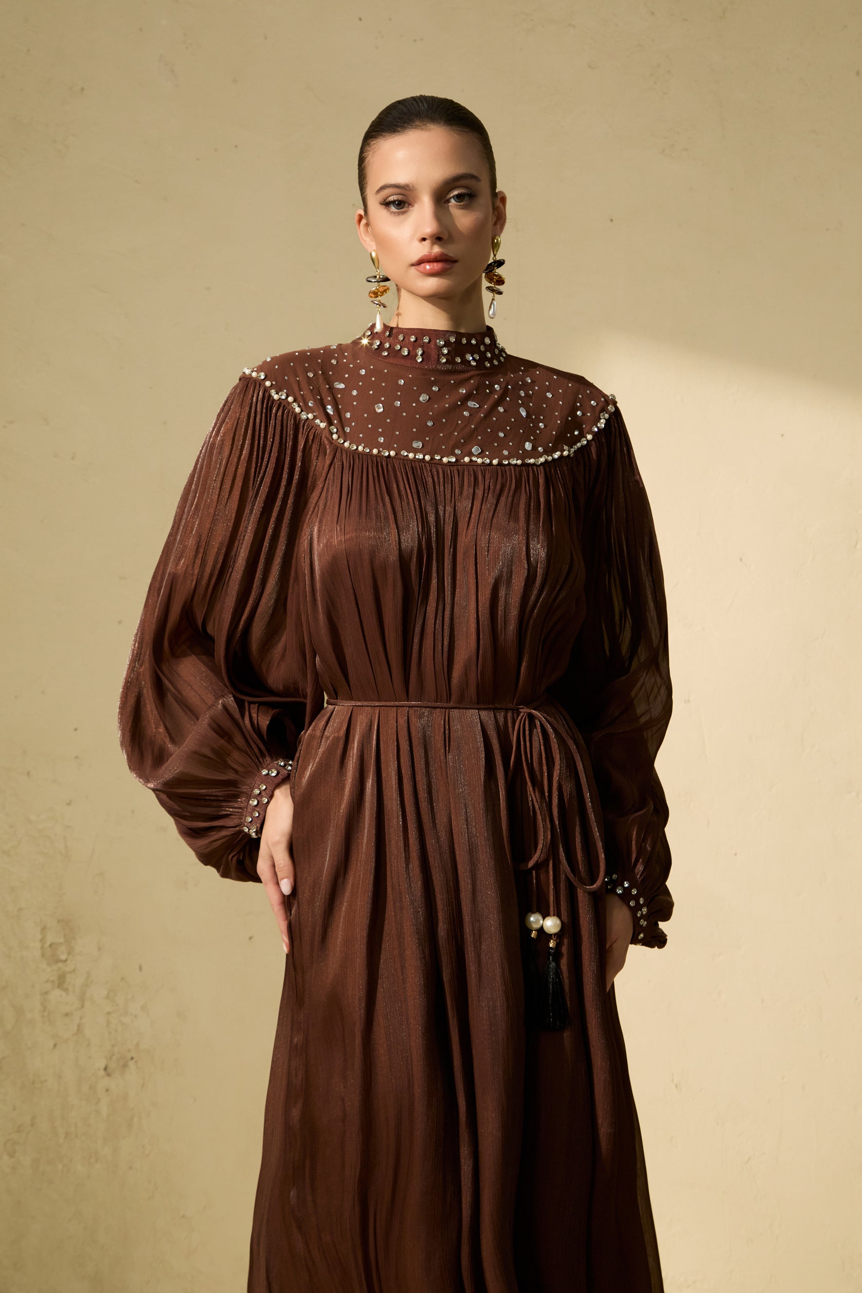 Refined Attitude Brown Crystal Embellished Bishop Sleeve Maxi Dress