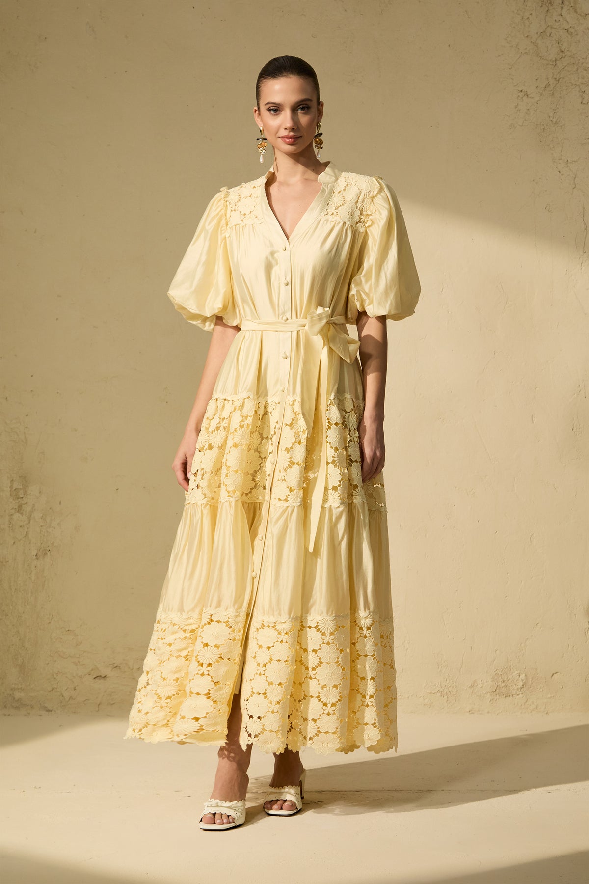 Chic Reverie Puff Sleeve Floral Lace Maxi Dress