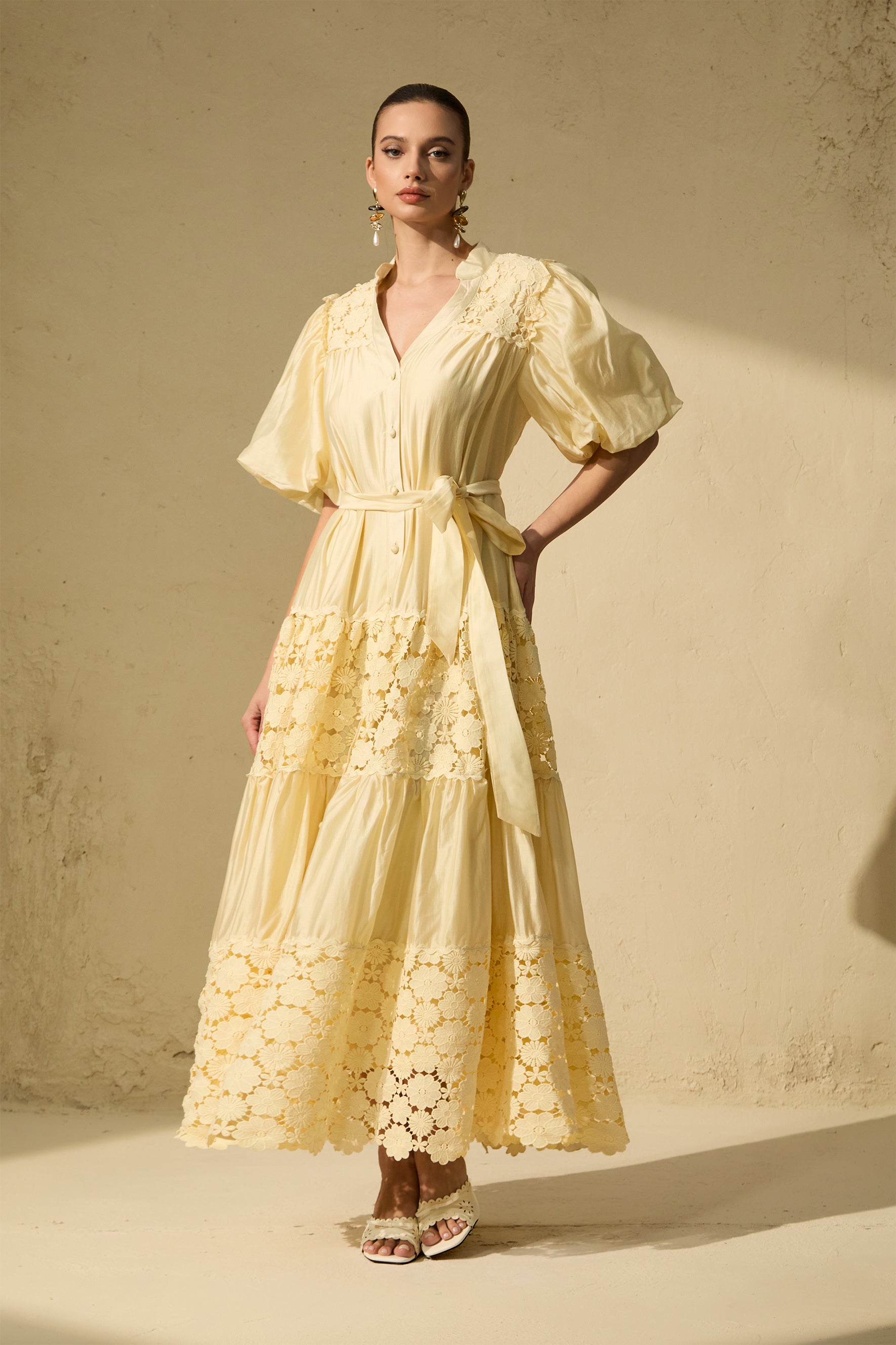 Chic Reverie Puff Sleeve Floral Lace Maxi Dress