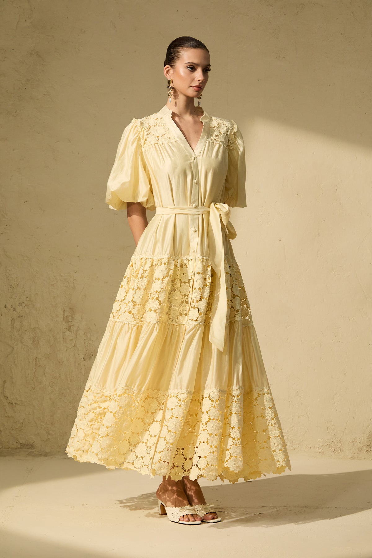Chic Reverie Puff Sleeve Floral Lace Maxi Dress