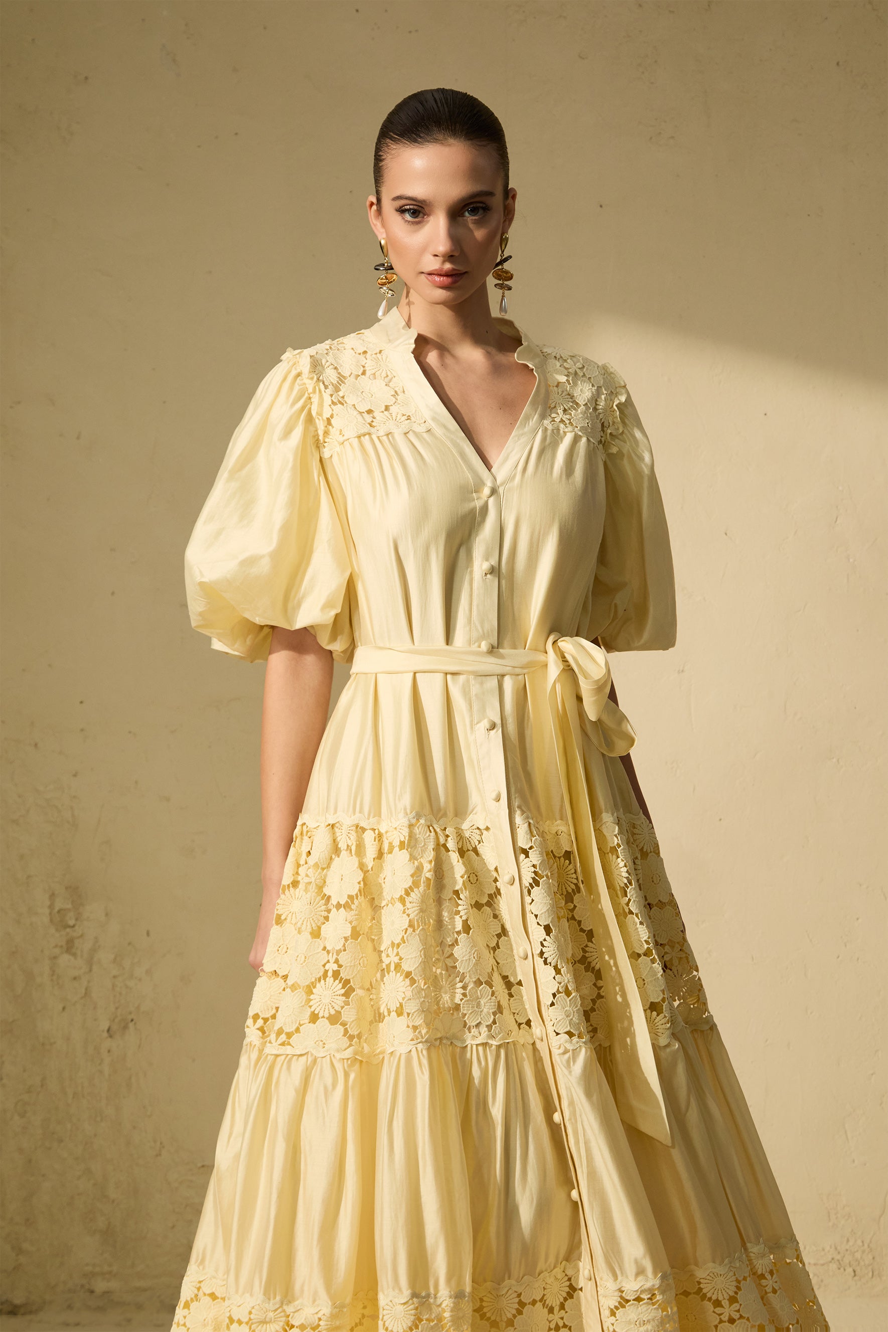 Chic Reverie Puff Sleeve Floral Lace Maxi Dress