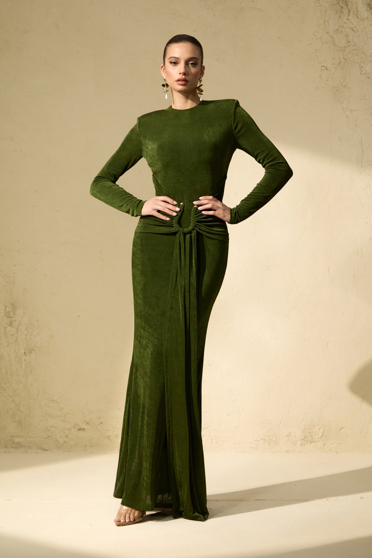 Brilliant Belle Deep Green Draped Waist Maxi Dress