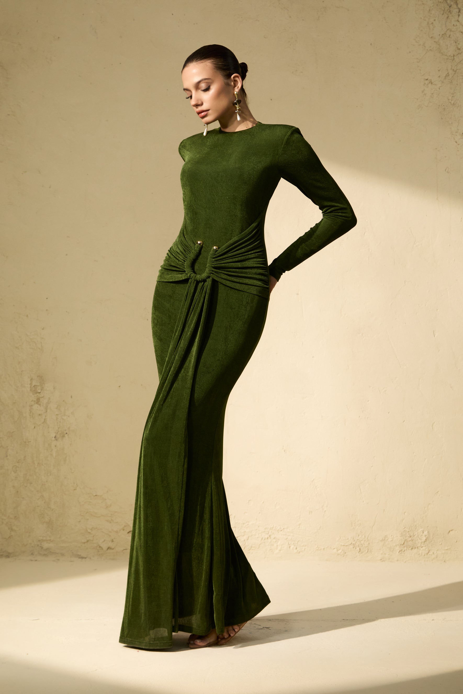 Brilliant Belle Deep Green Draped Waist Maxi Dress