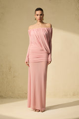 Late Night Kiss Pink Off Shoulder Ruched Bodice Maxi Dress