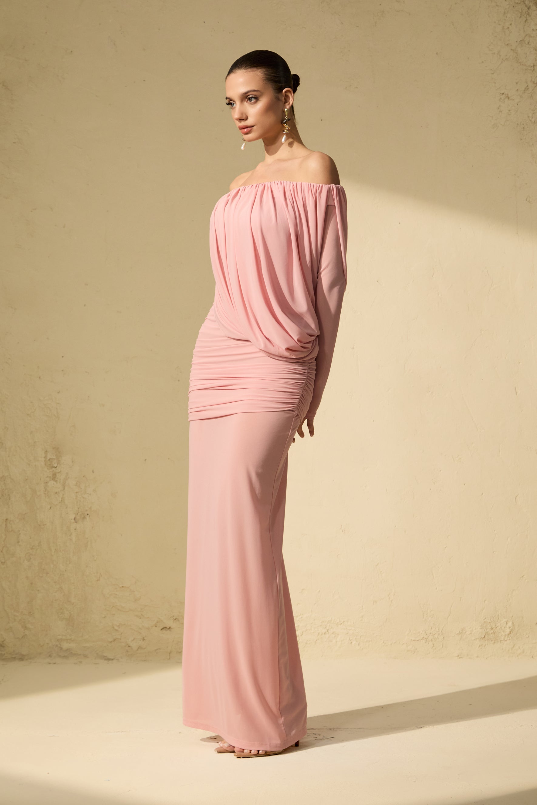 Late Night Kiss Pink Off Shoulder Ruched Bodice Maxi Dress