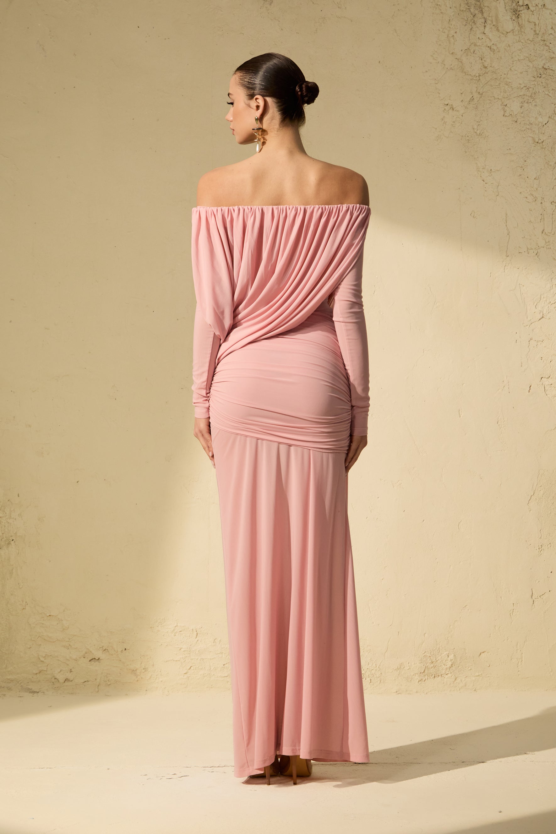 Late Night Kiss Pink Off Shoulder Ruched Bodice Maxi Dress